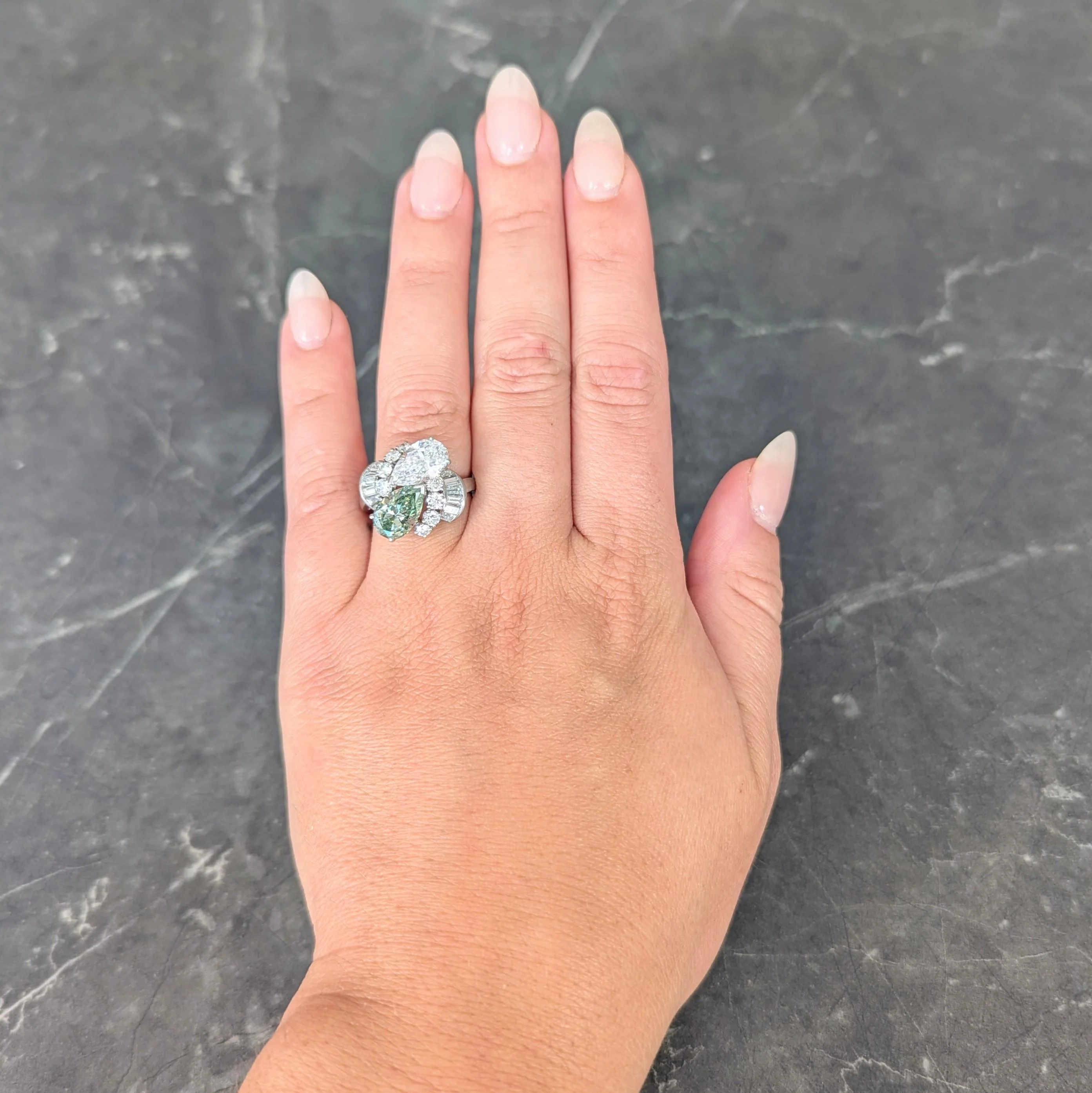 Mid-Century 5.13 CTW Fancy Green Diamond Platinum Toi-Et-Moi Bypass Vintage Dinner Ring GIA - Image 15
