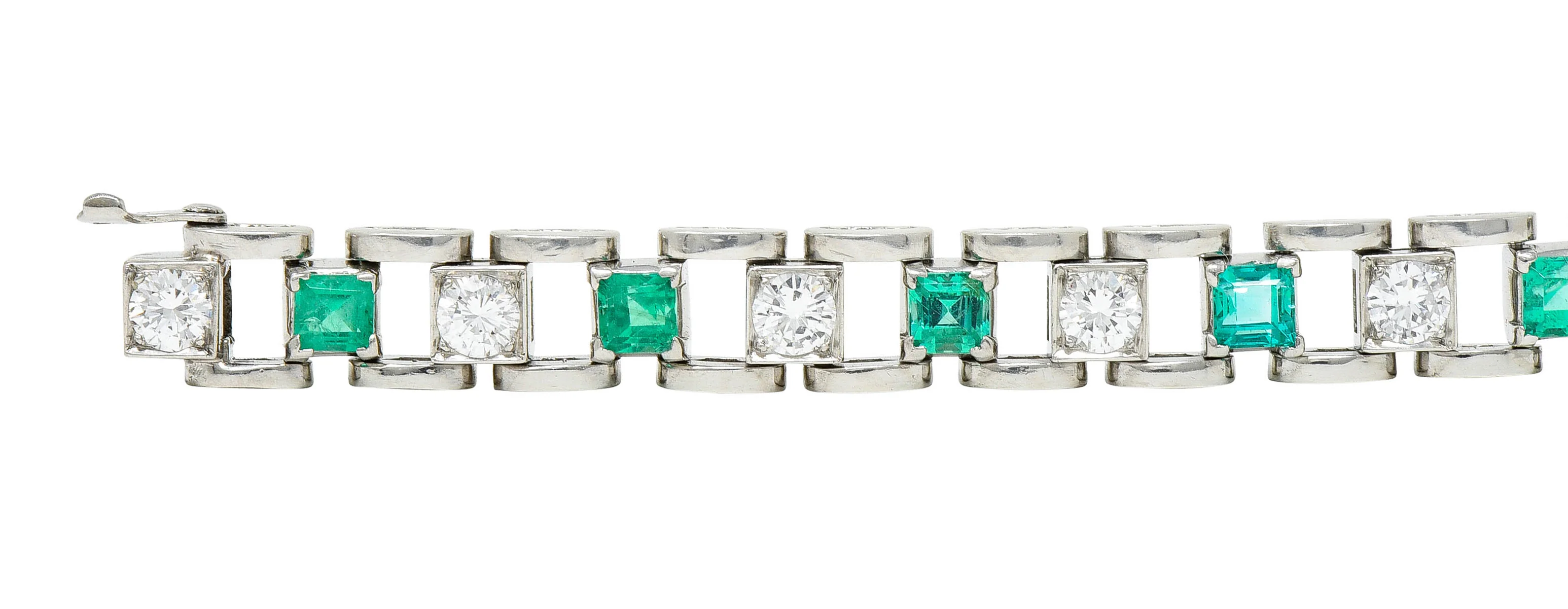 Mid-Century 5.45 CTW Diamond Emerald Platinum Link Bracelet - Image 6