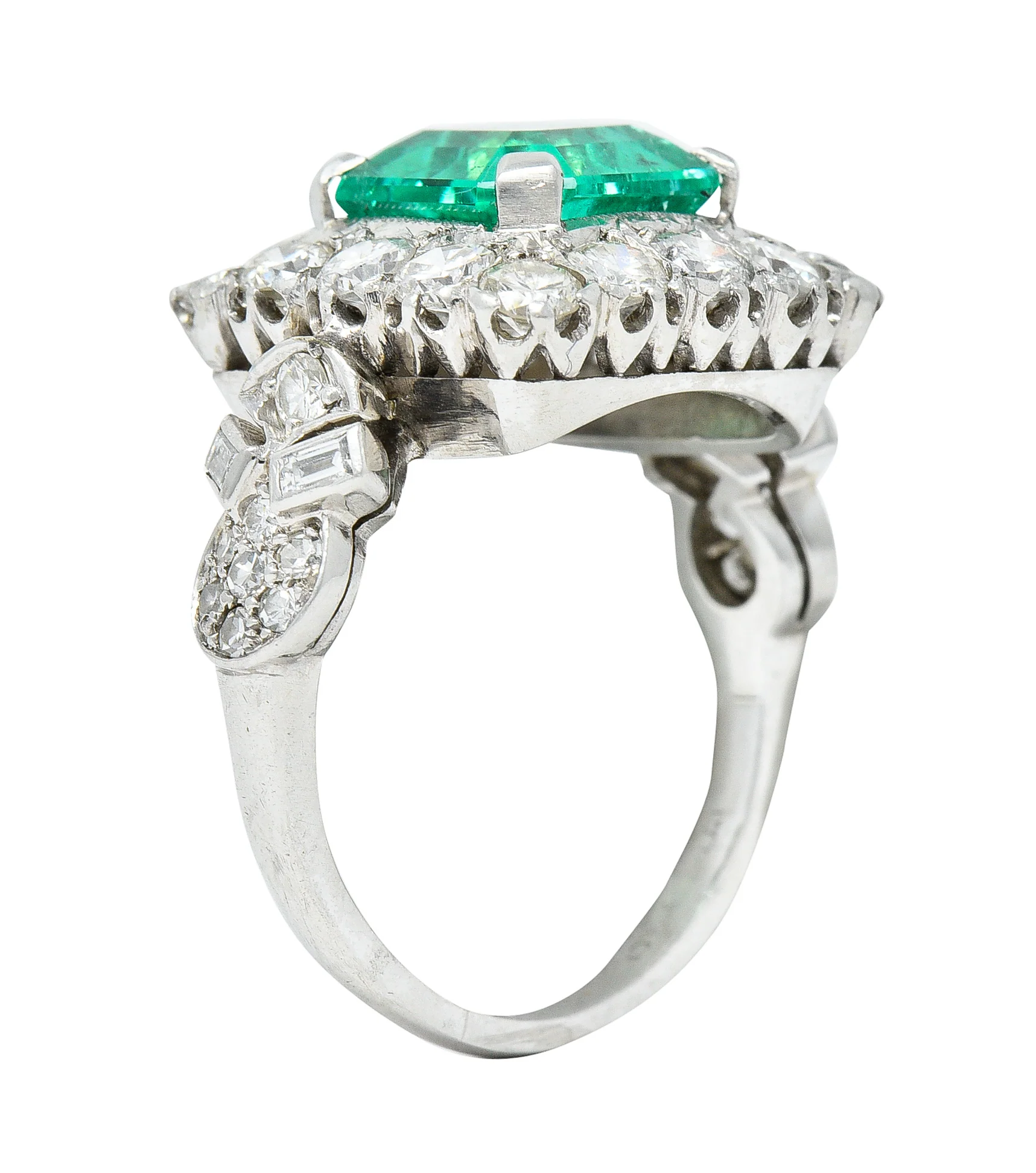Mid-Century 5.73 CTW  Colombian Emerald Transitional Cut Diamond Platinum Vintage Halo Ring GIA - Image 10