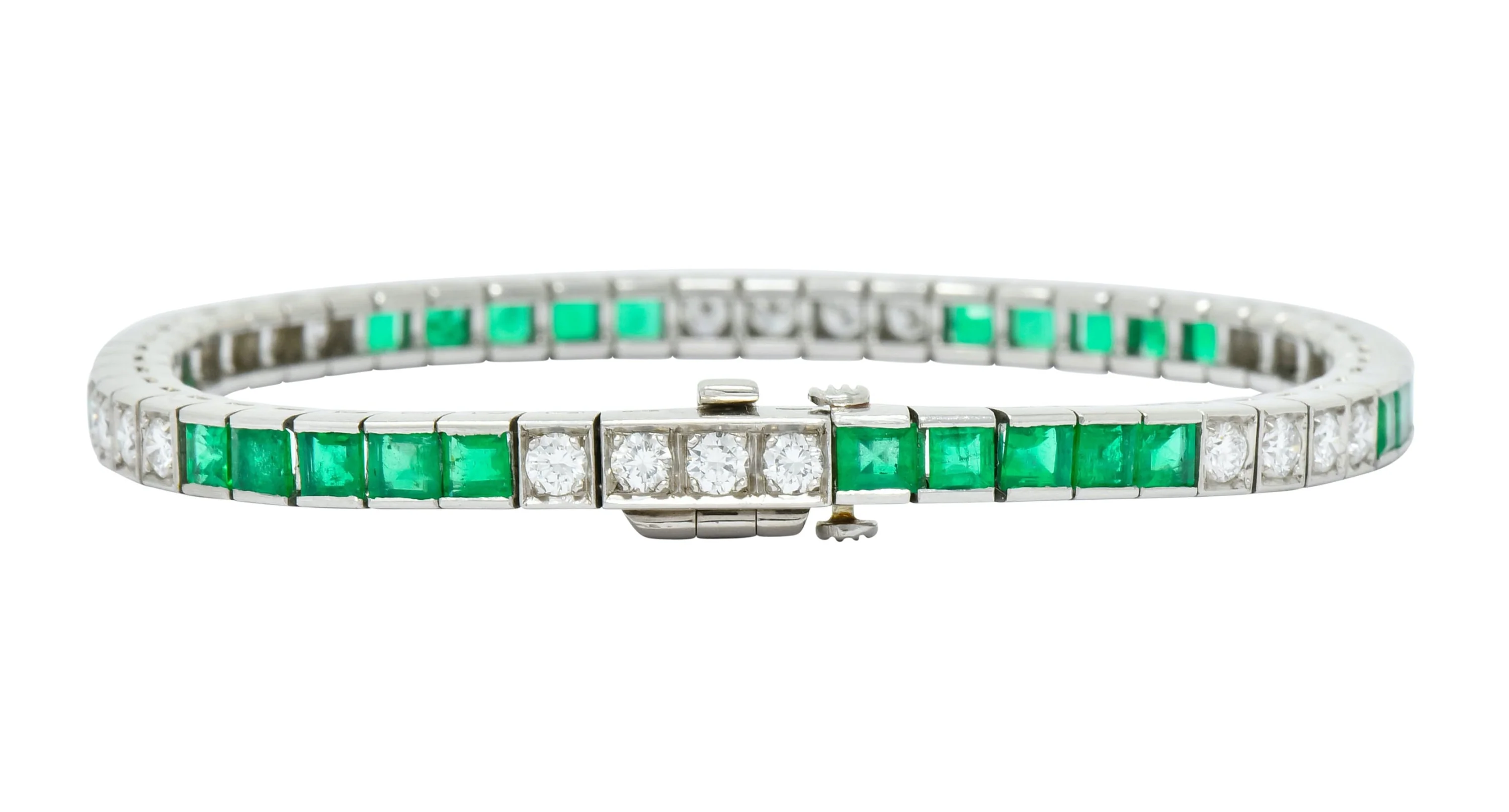 Mid-Century 6.06 CTW Diamond Emerald Platinum Tennis Line Bracelet - Image 11