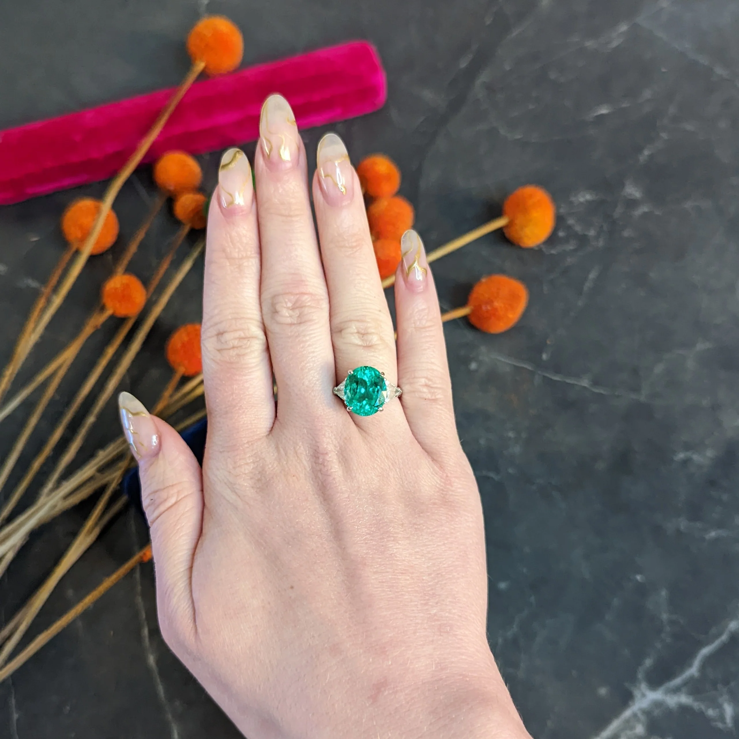 Mid-Century 6.70 CTW Colombian Emerald Diamond 14 Karat White Gold Cocktail Vintage Ring GIA - Image 14