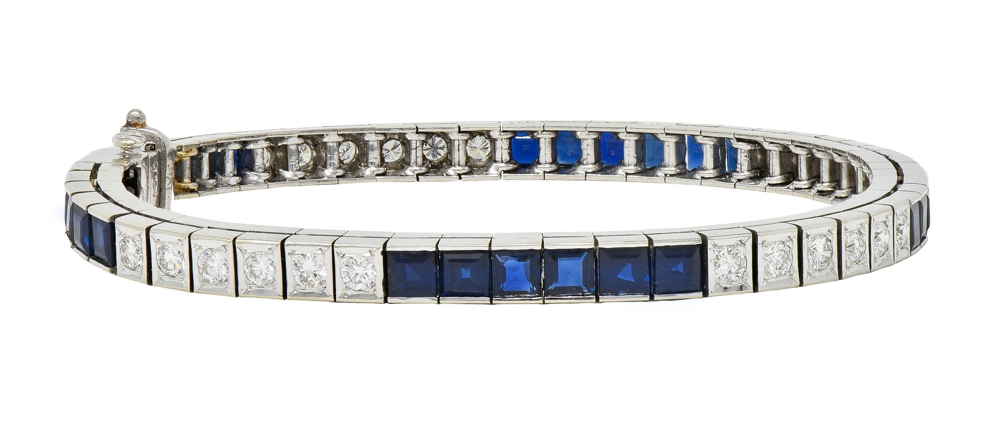 Mid-Century 7.00 CTW Diamond Sapphire 14 Karat White Gold Vintage Line Bracelet - Image 6