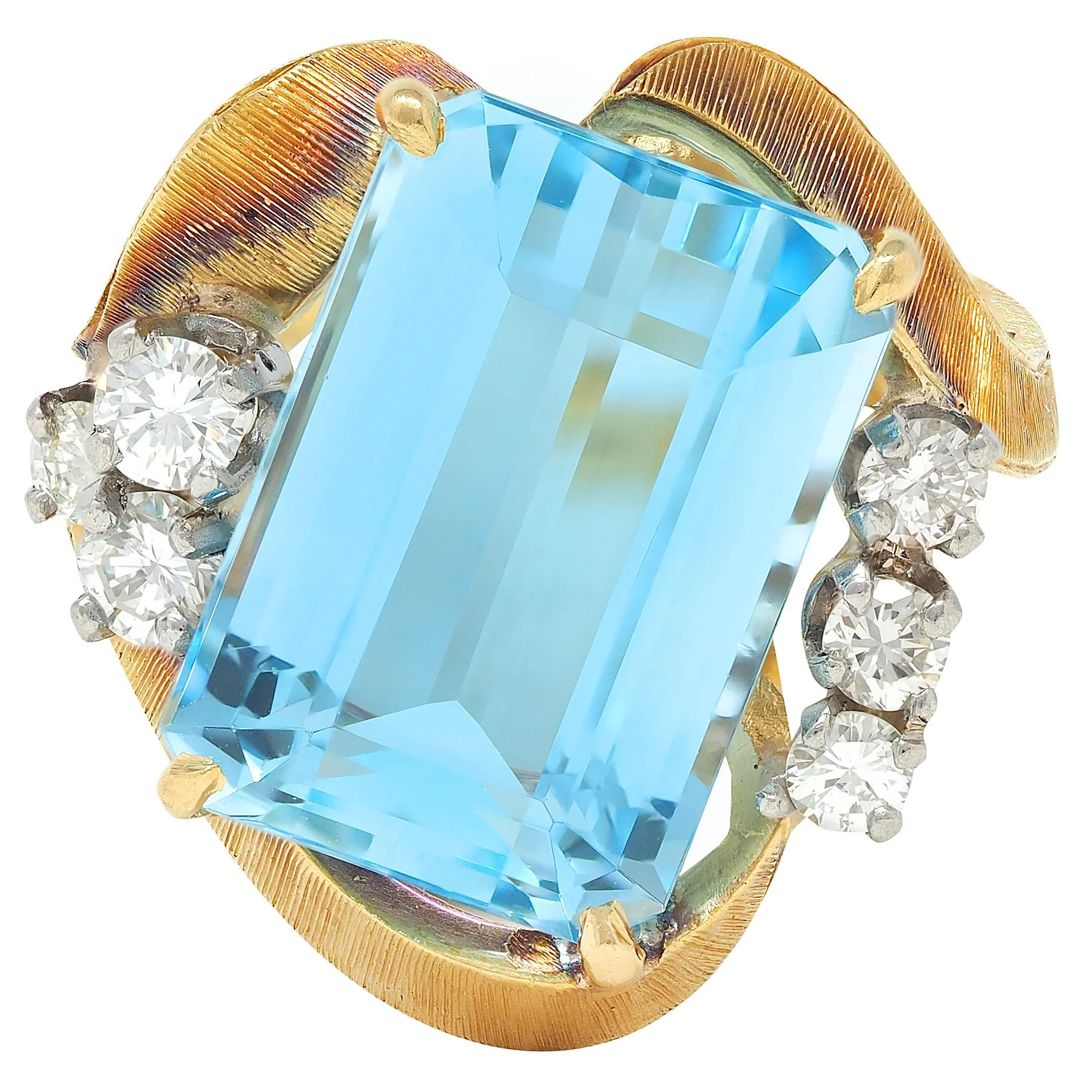 Mid-Century 7.40 CTW Aquamarine Diamond 18 Karat Two-Tone Gold Vintage Cocktail Ring