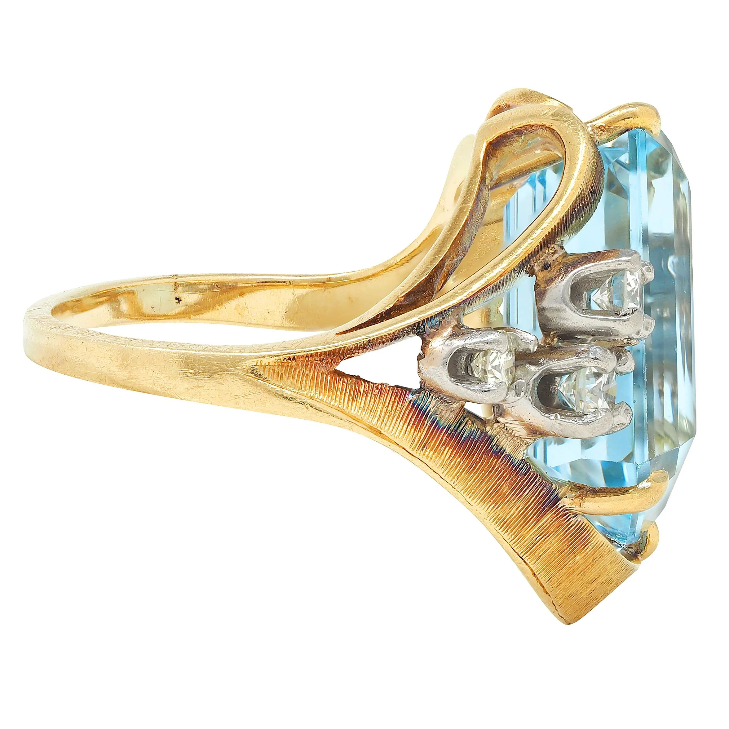 Mid-Century 7.40 CTW Aquamarine Diamond 18 Karat Two-Tone Gold Vintage Cocktail Ring - Image 2