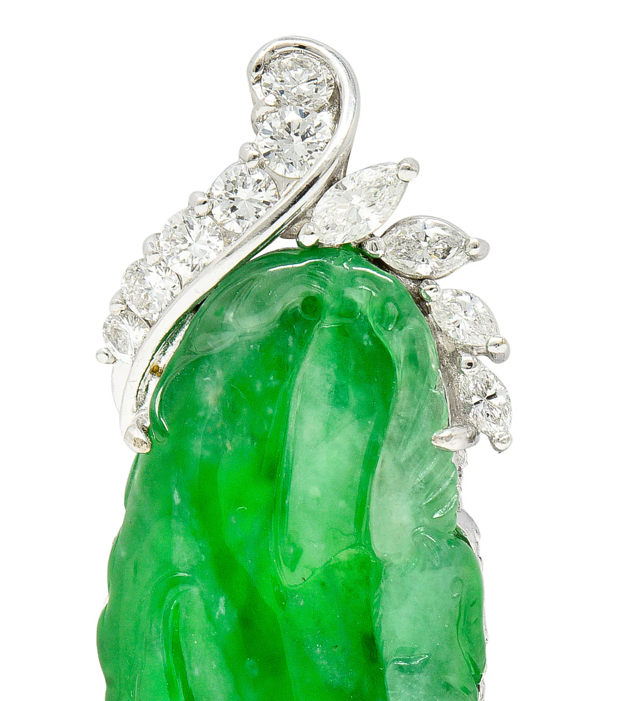 Mid-Century Diamond Carved Natural Jade 18 Karat White Gold Birds Pear Pendant GIA - Image 6