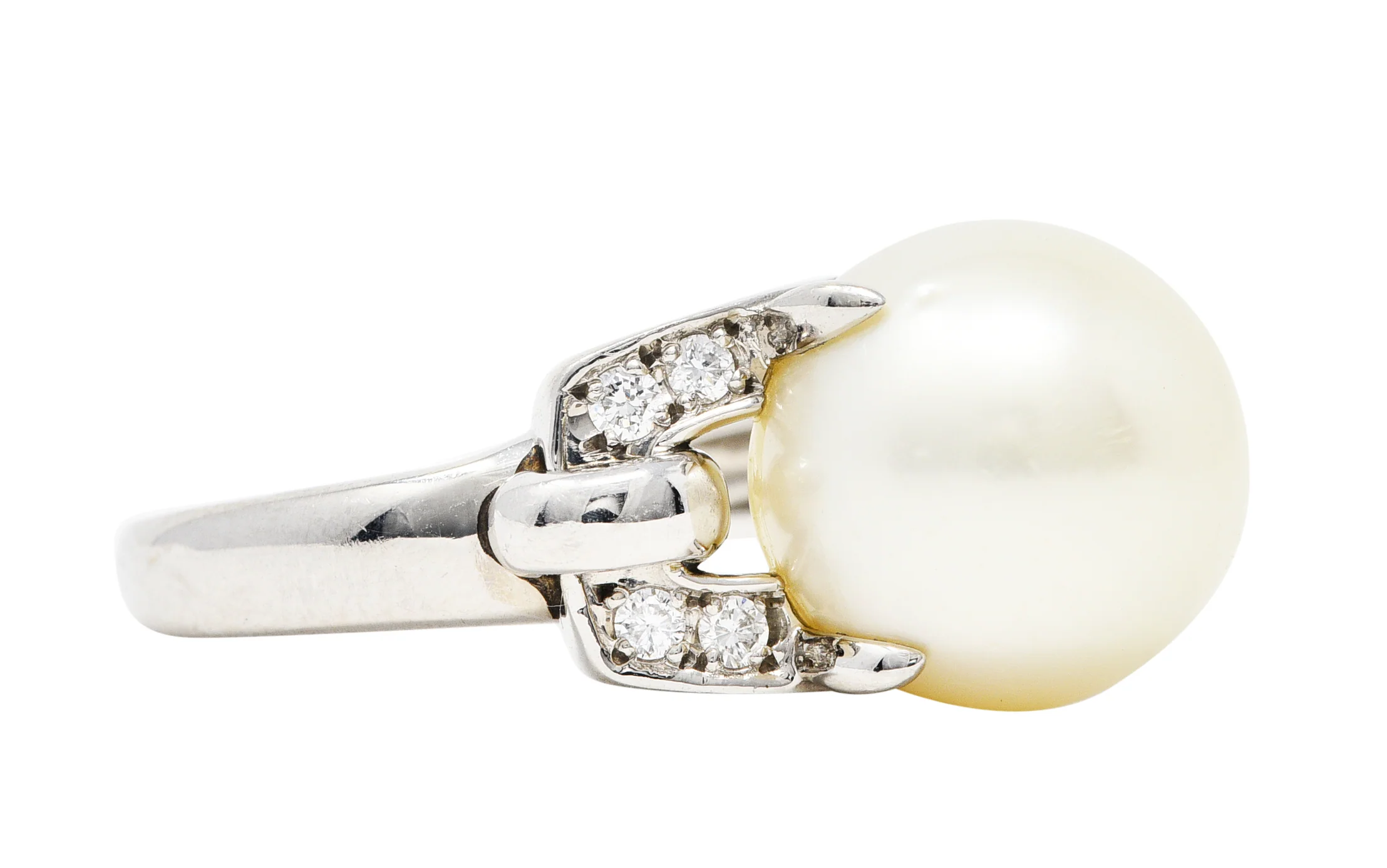 Mid-Century Diamond Pearl Platinum Buckle Cocktail Ring - Image 2