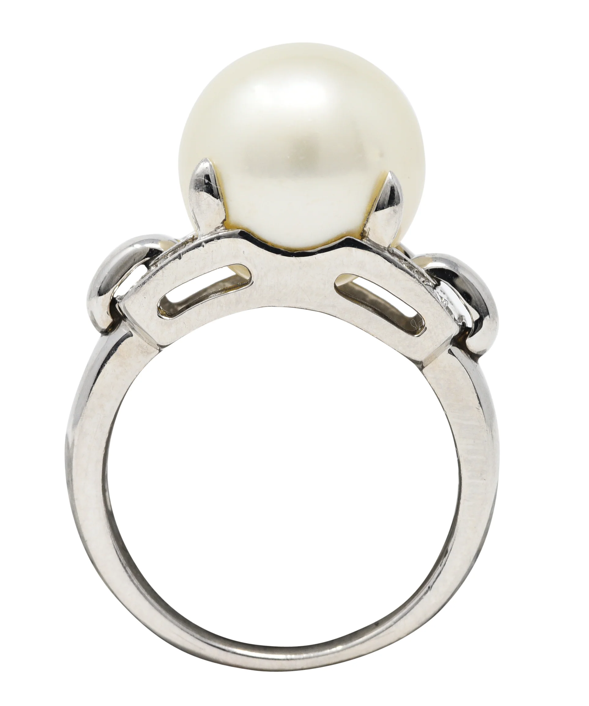 Mid-Century Diamond Pearl Platinum Buckle Cocktail Ring - Image 9