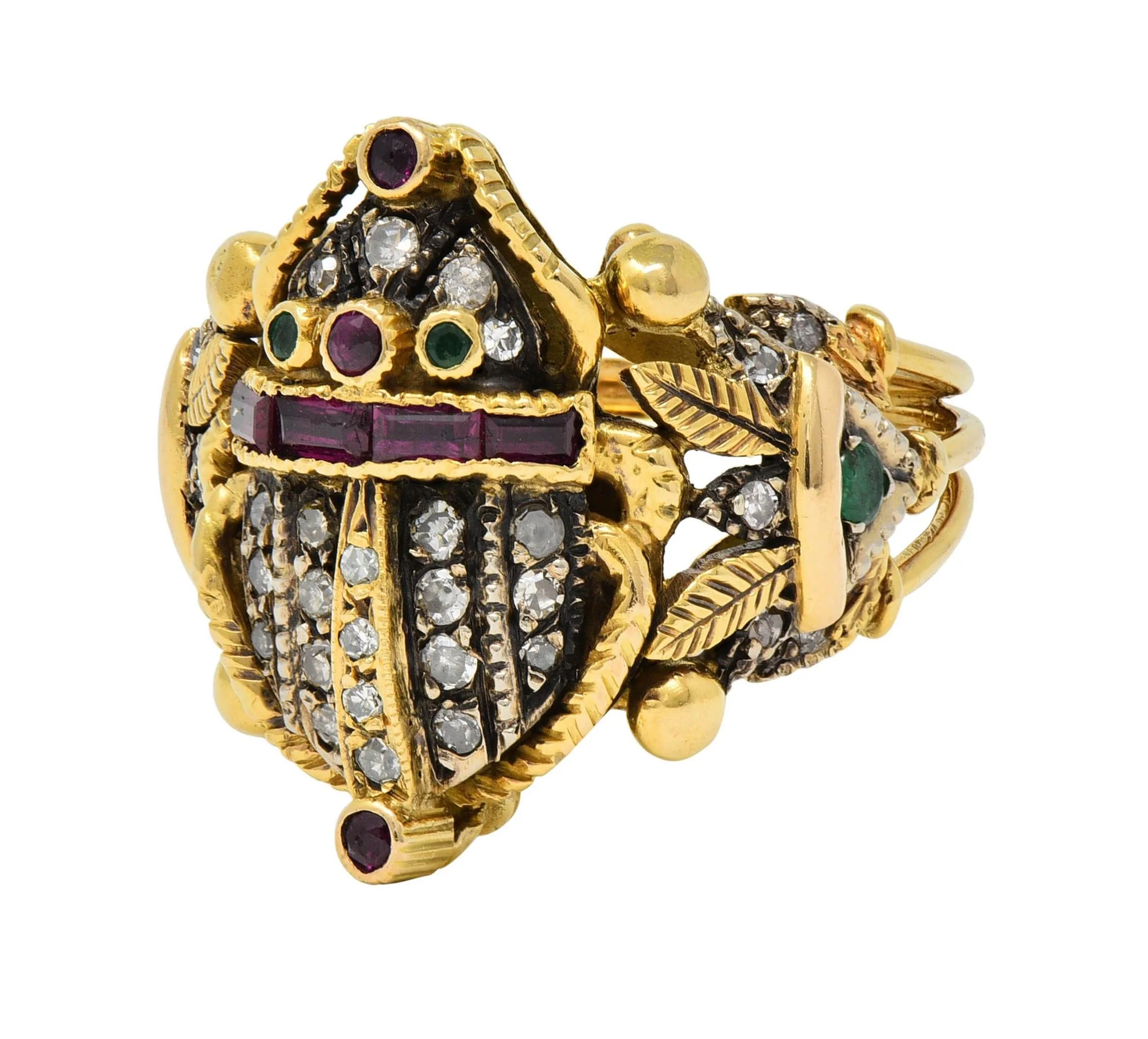 Mid-Century Egyptian Revival 1.32 CTW Diamond Emerald Ruby 18 Karat Gold  Scarab Ring - Image 6