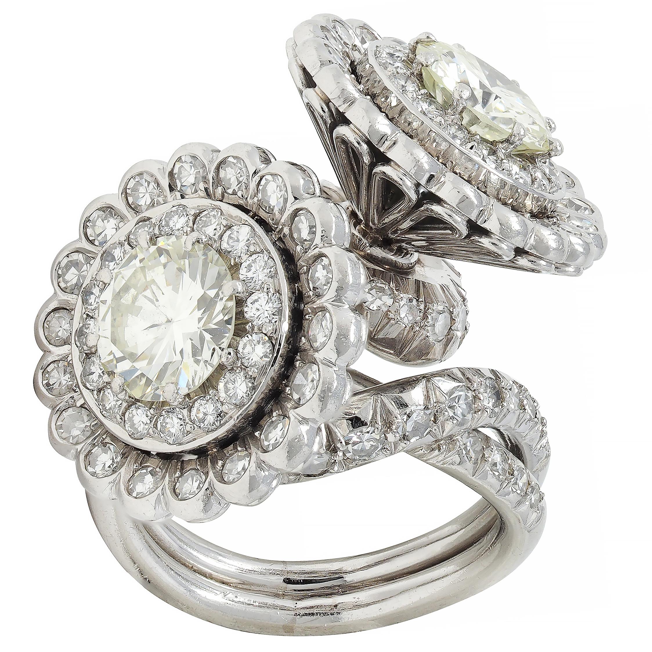 Mid-Century French 5.85 CTW Diamond Platinum Vintage Halo Bypass Floral Ring
