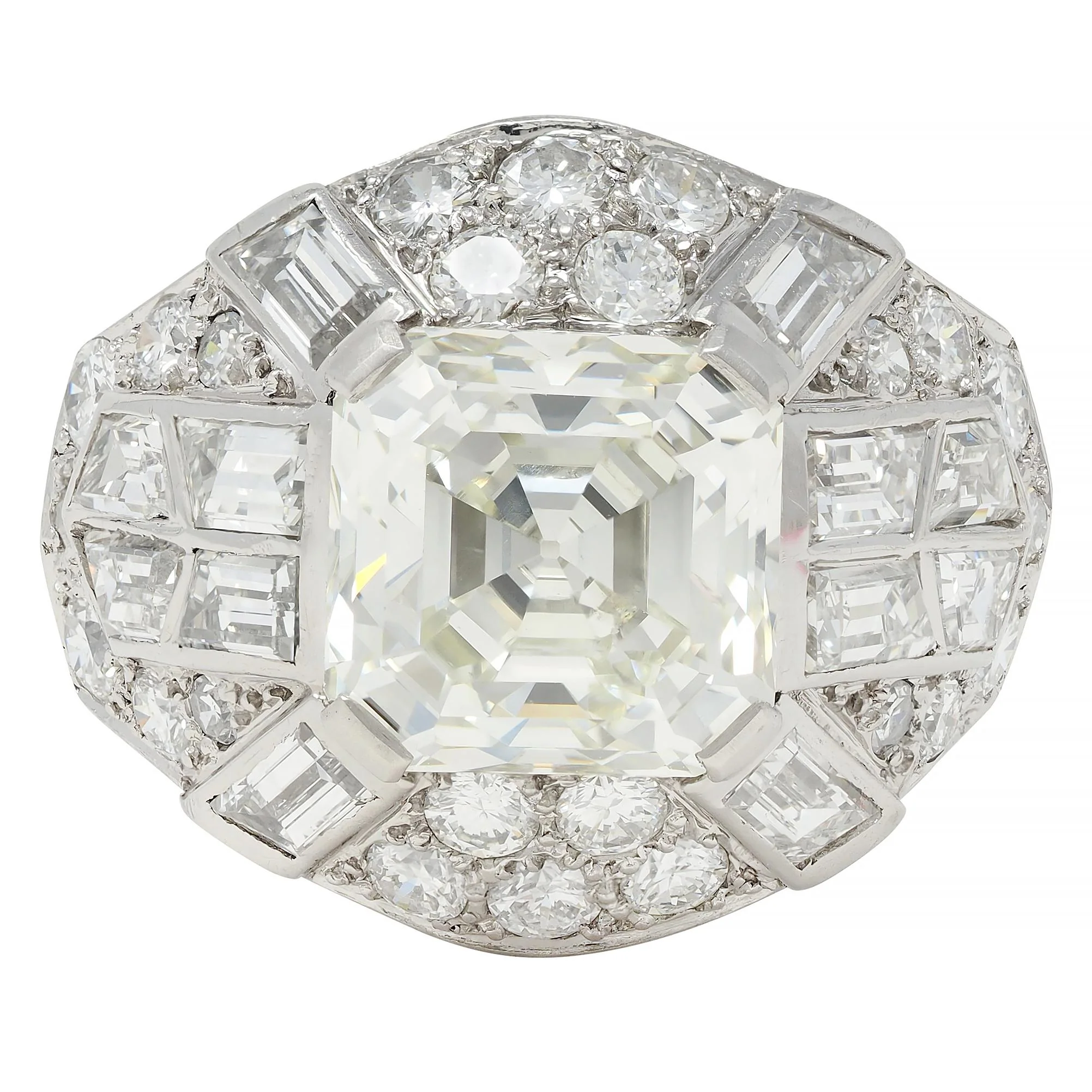 Mid-Century French 7.13 CTW Asscher Diamond Platinum 18 Karat White Gold Vintage Dome Ring GIA