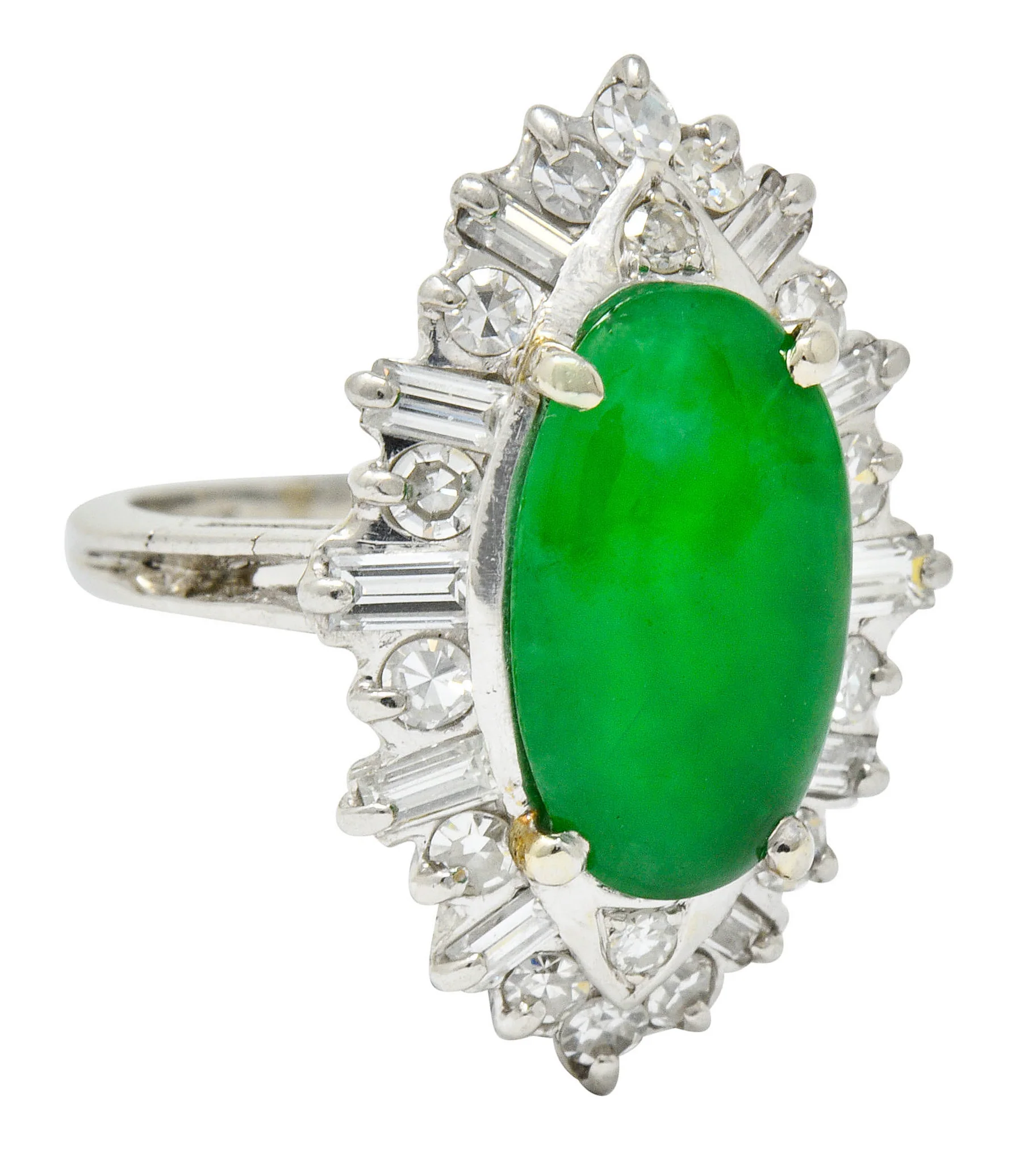 Mid-Century Jadeite Jade 1.26 CTW Diamond Platinum Navette Cluster Ring GIA - Image 2