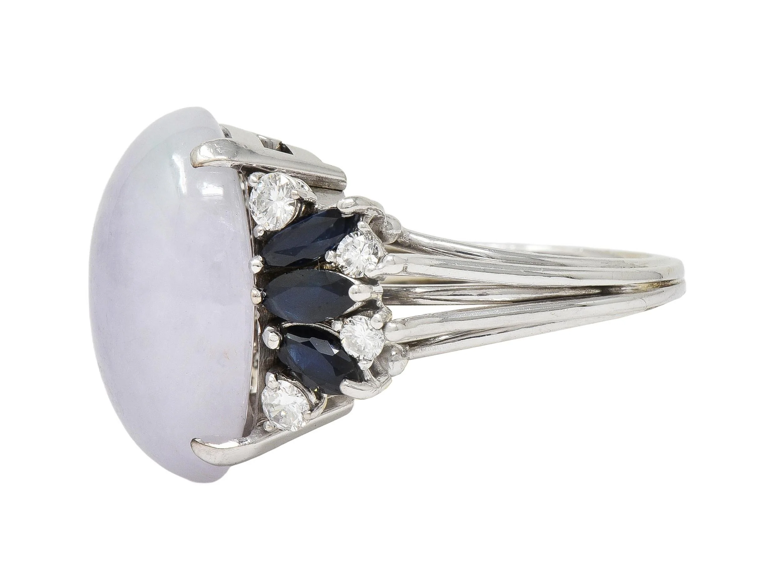Mid-Century Lavender Jade Sapphire Diamond 14 Karat White Gold Vintage Cocktail Ring - Image 6