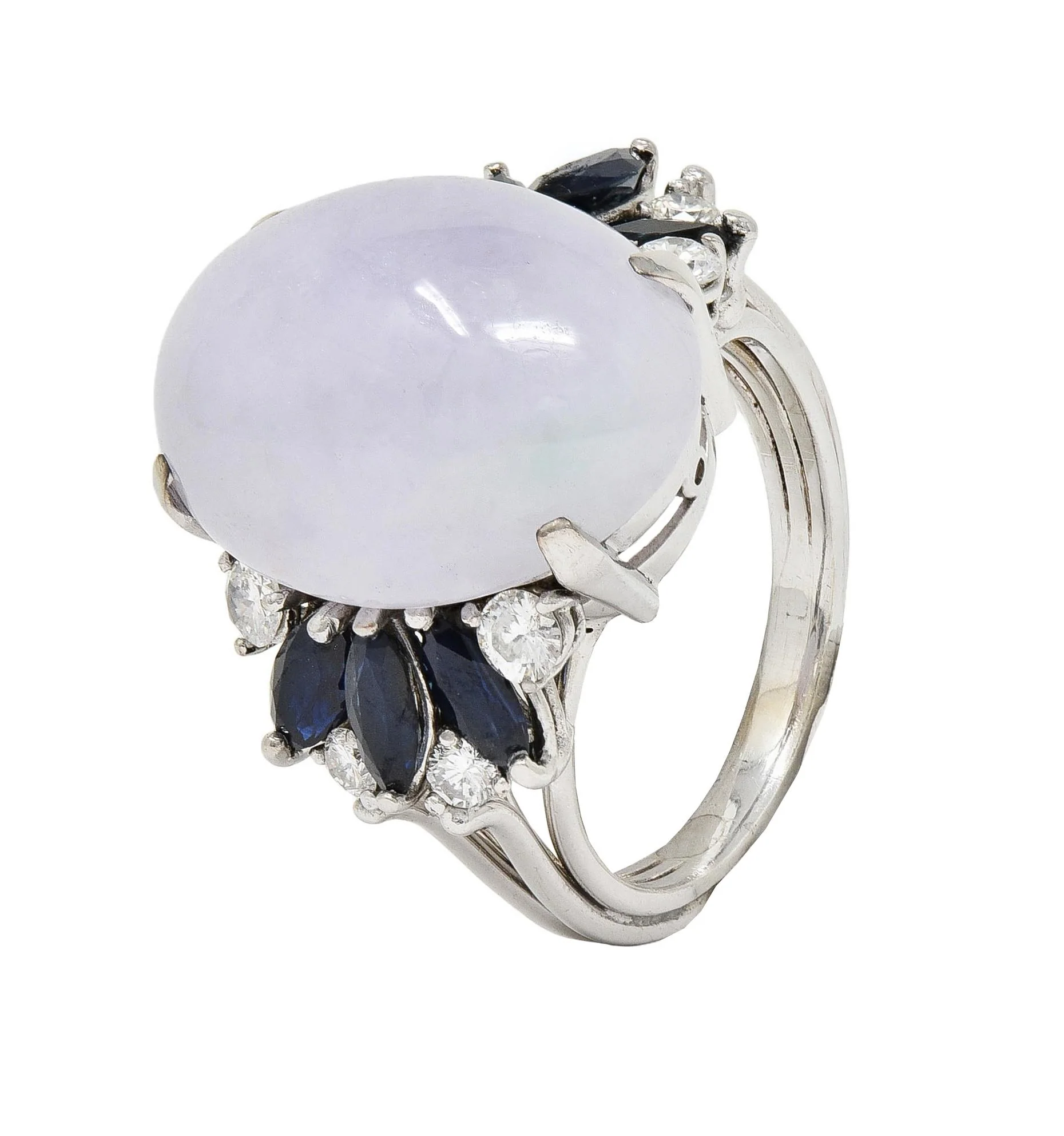 Mid-Century Lavender Jade Sapphire Diamond 14 Karat White Gold Vintage Cocktail Ring - Image 8