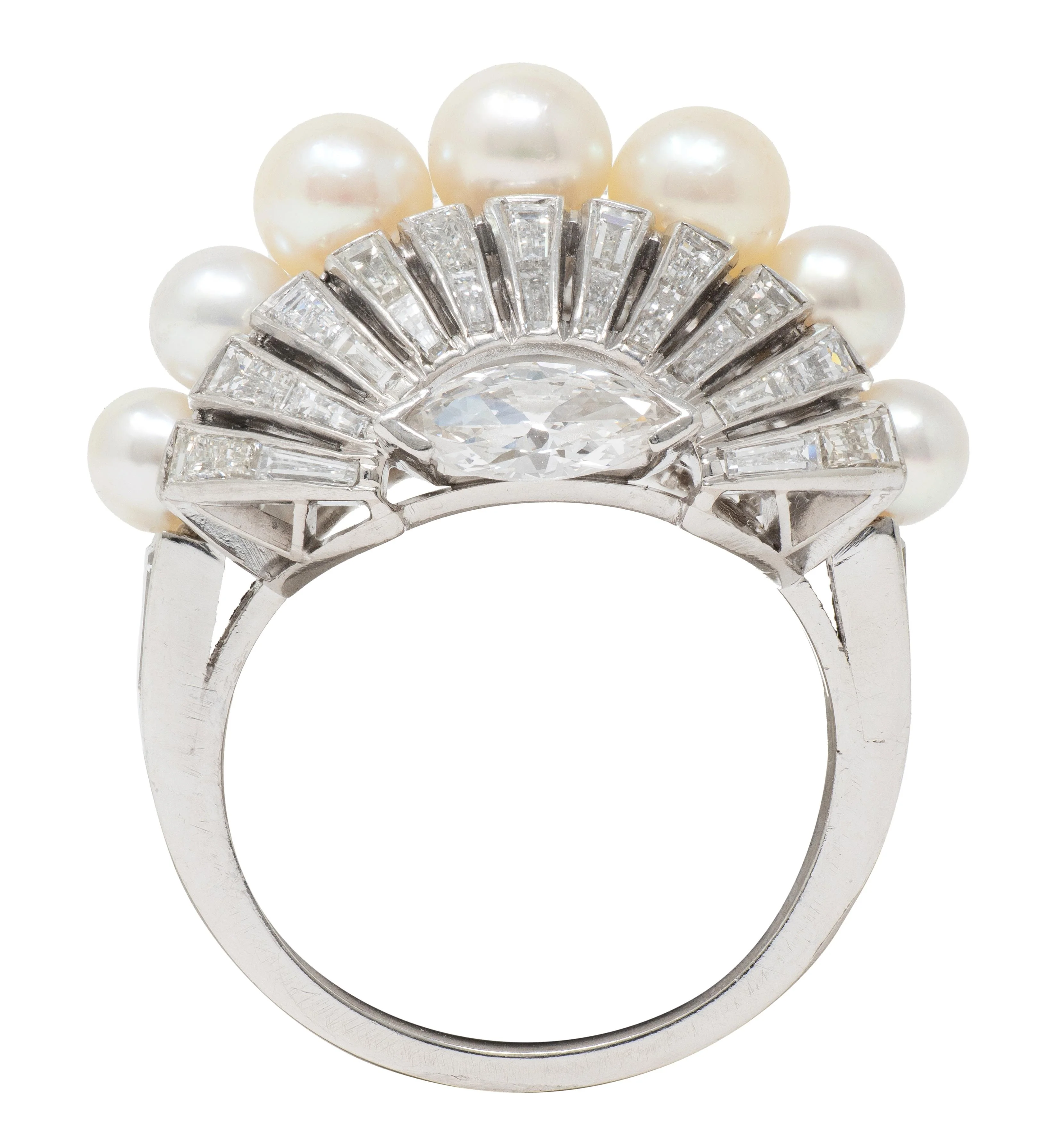 Mid-Century Modernist Pearl Diamond Platinum Vintage Fanning Cocktail Ring - Image 3