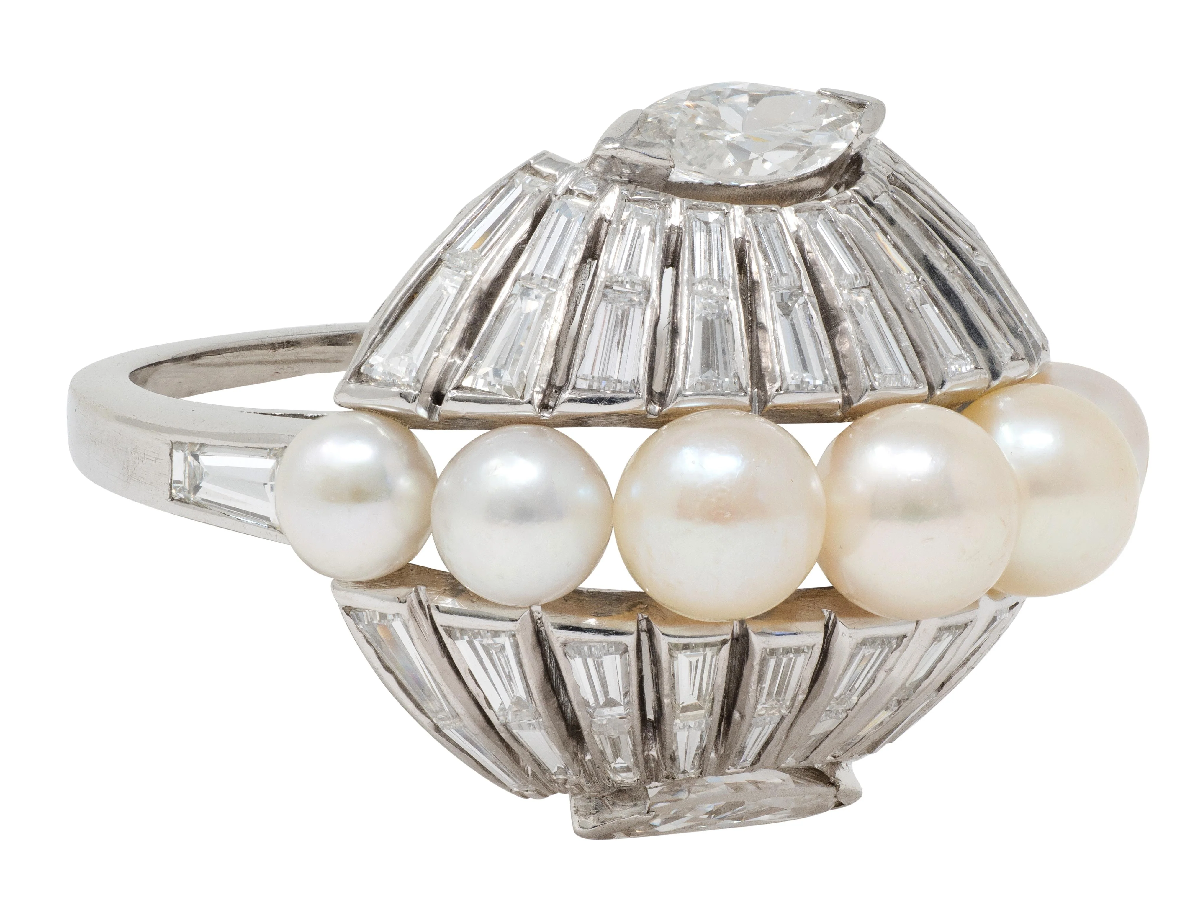 Mid-Century Modernist Pearl Diamond Platinum Vintage Fanning Cocktail Ring - Image 4