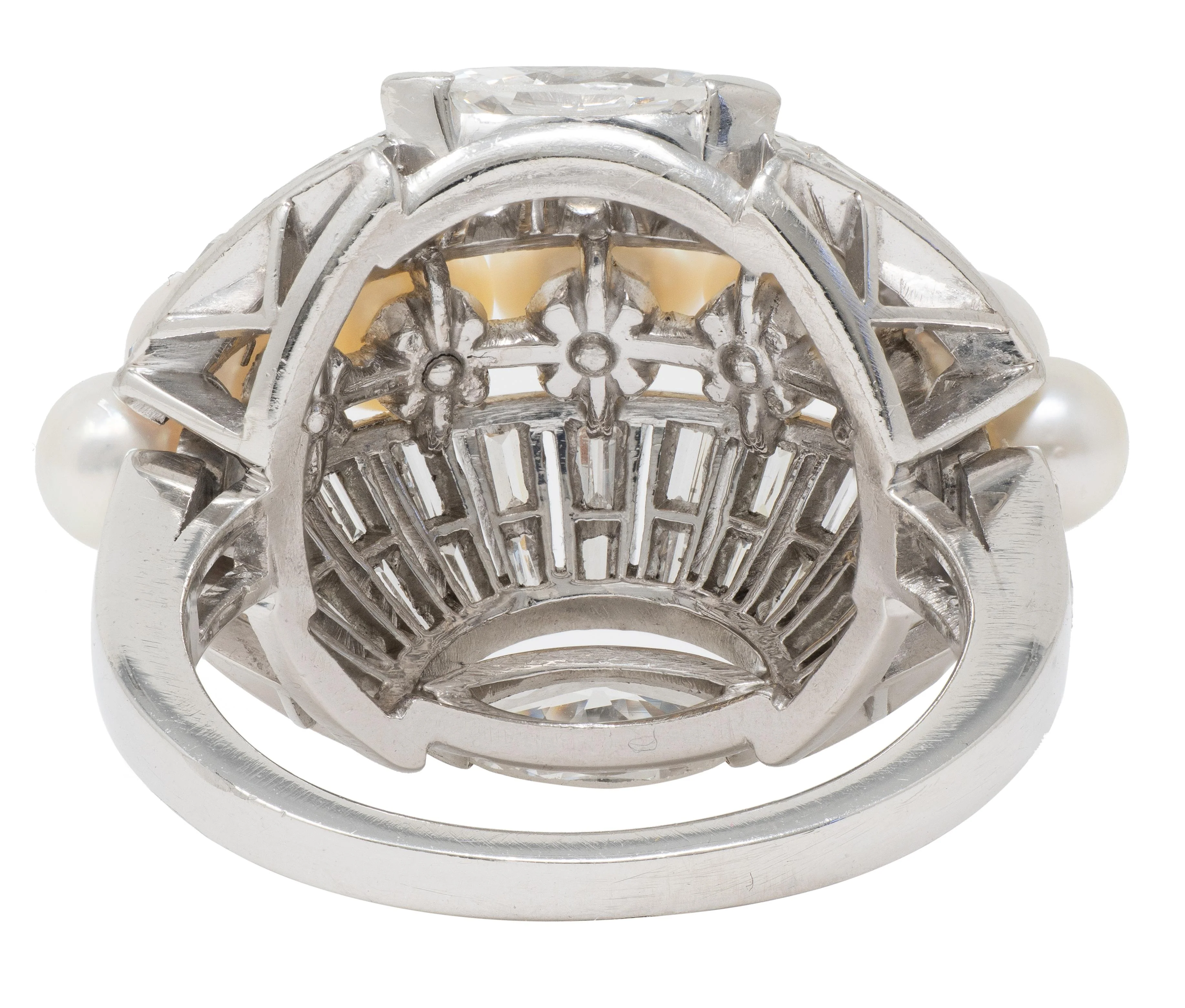 Mid-Century Modernist Pearl Diamond Platinum Vintage Fanning Cocktail Ring - Image 5