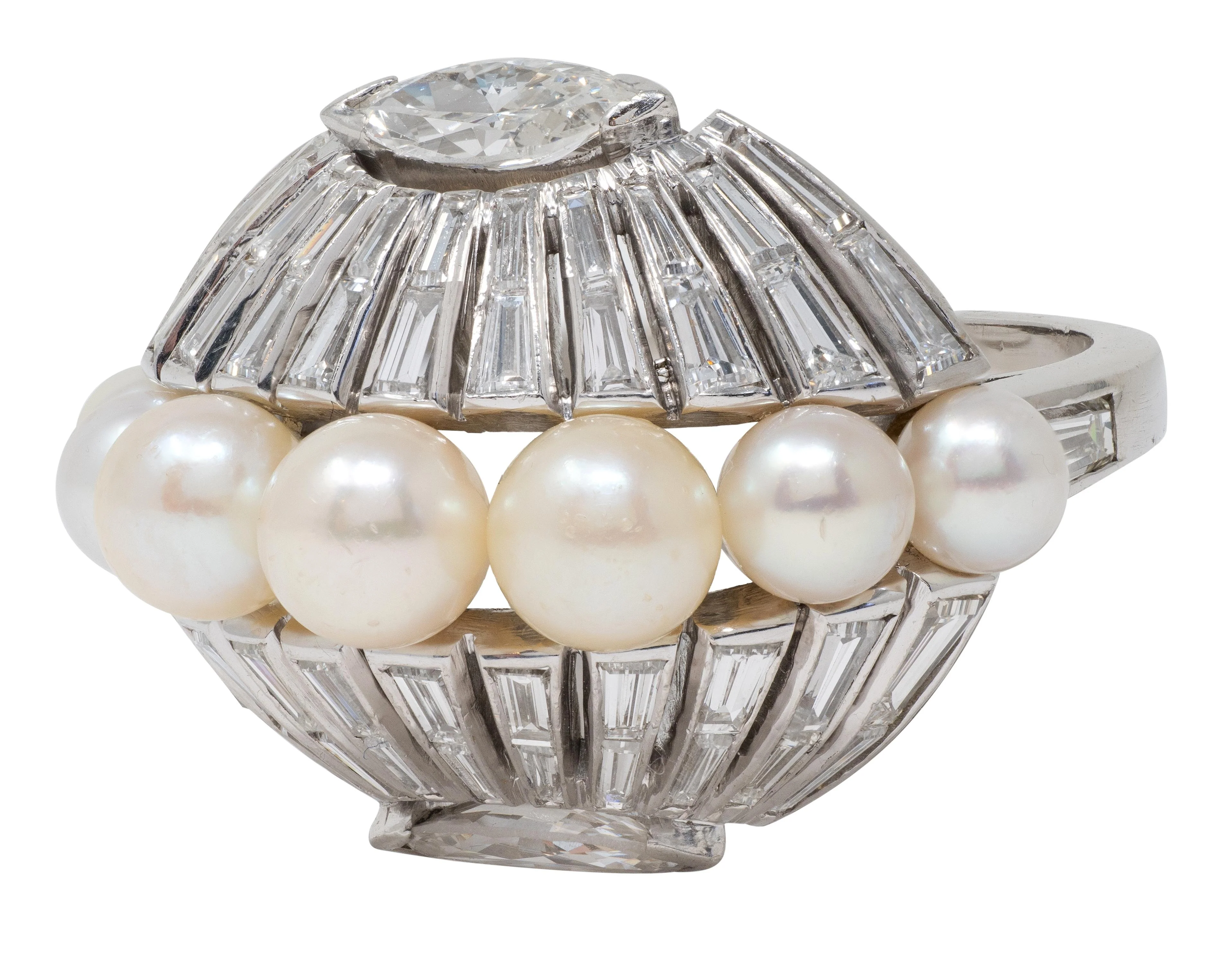Mid-Century Modernist Pearl Diamond Platinum Vintage Fanning Cocktail Ring - Image 6