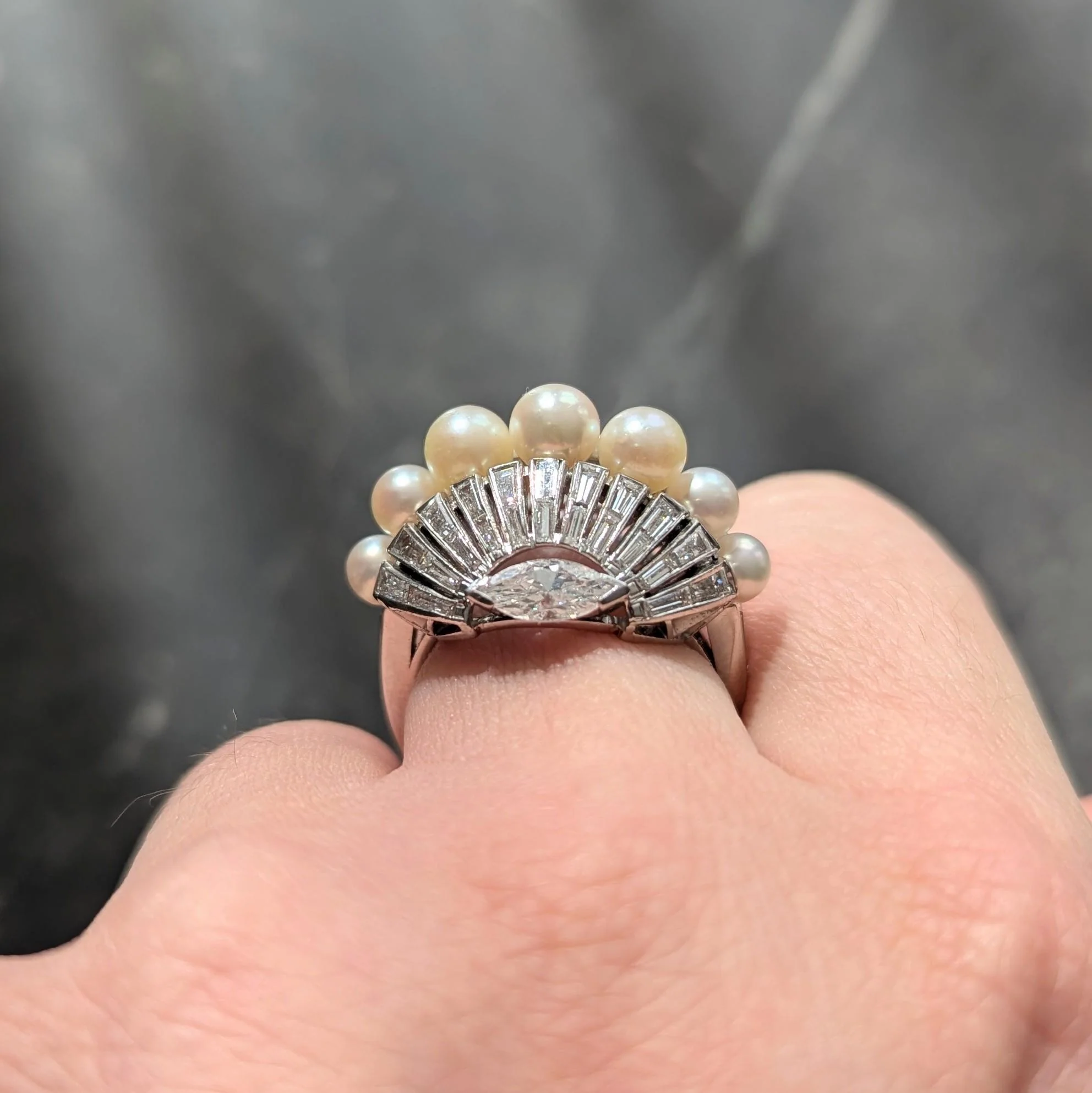 Mid-Century Modernist Pearl Diamond Platinum Vintage Fanning Cocktail Ring - Image 8