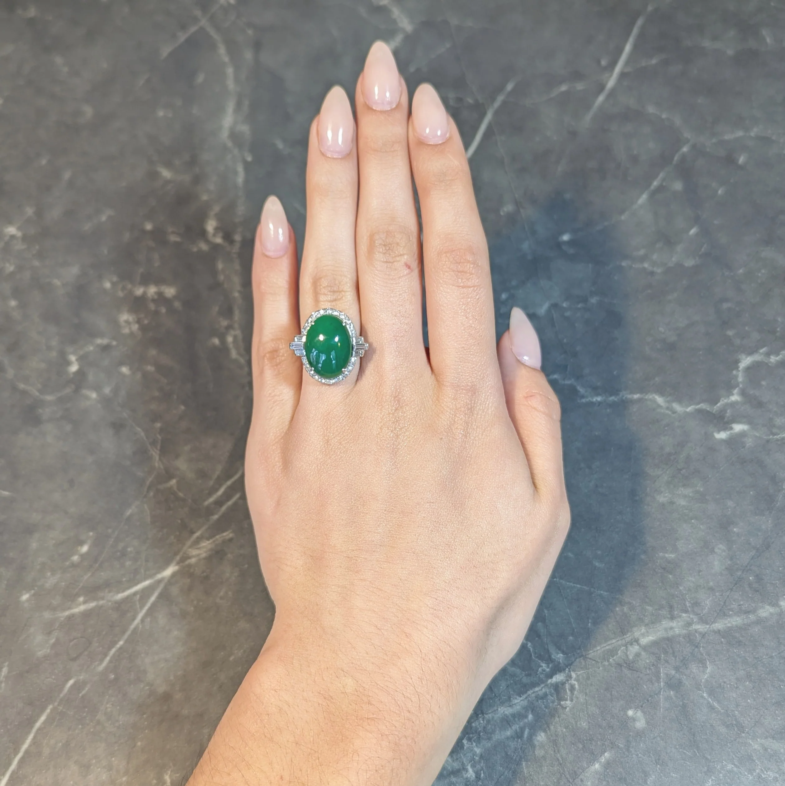 Mid-Century Natural Jadeite Jade Diamond Platinum Vintage Halo Ring GIA - Image 13
