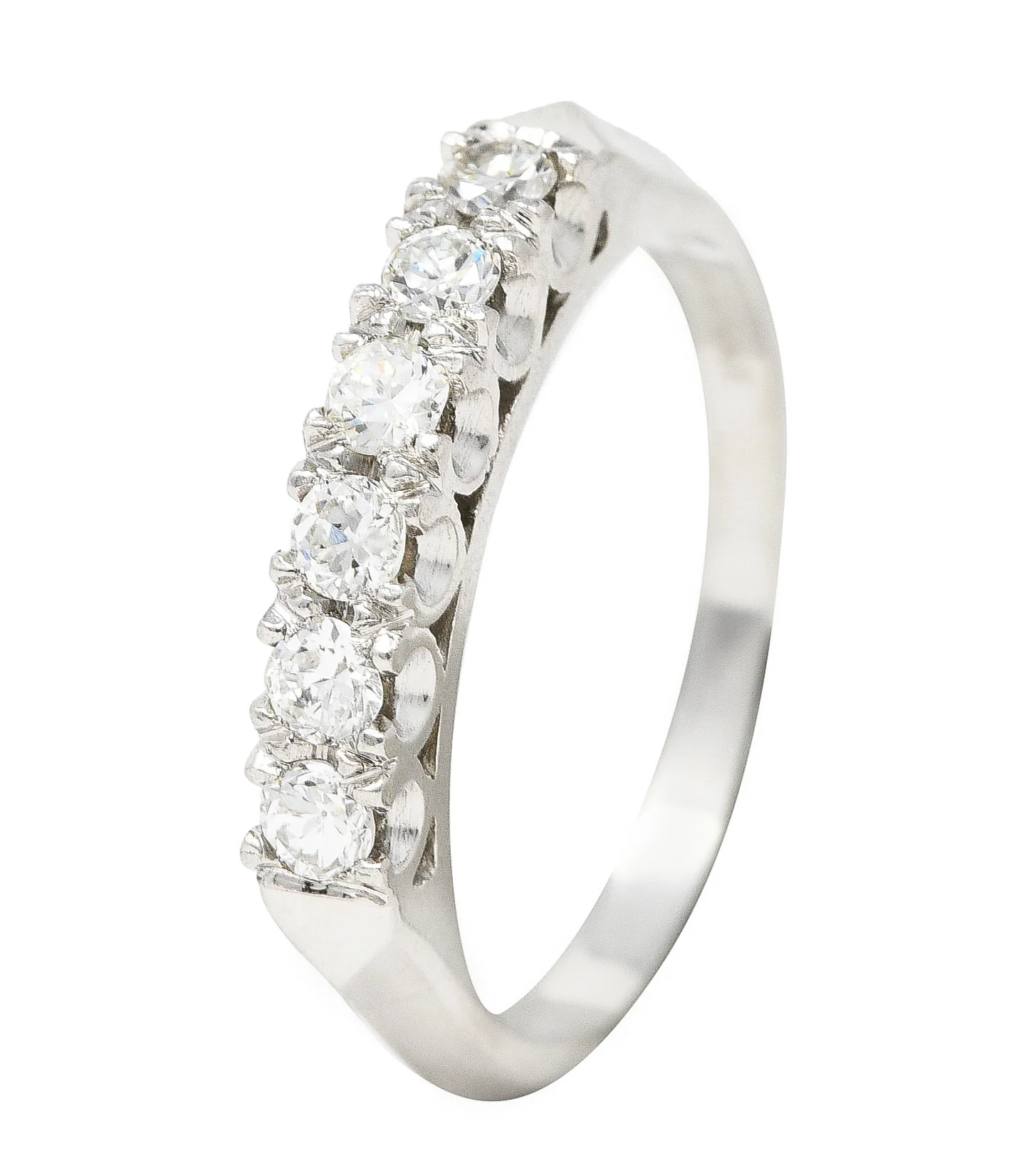 Mid-Century Old European Cut Diamond Platinum Knife Edge Fishtail Vintage Band Ring - Image 9