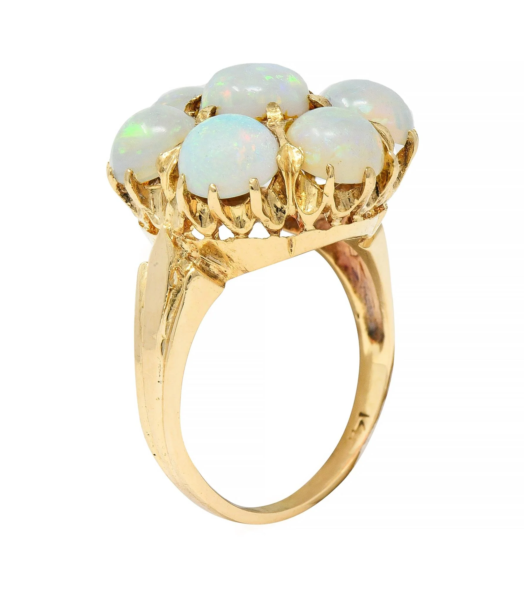 Mid-Century Opal Cabochon 14 Karat Yellow Gold Vintage Floral Cluster Ring - Image 10