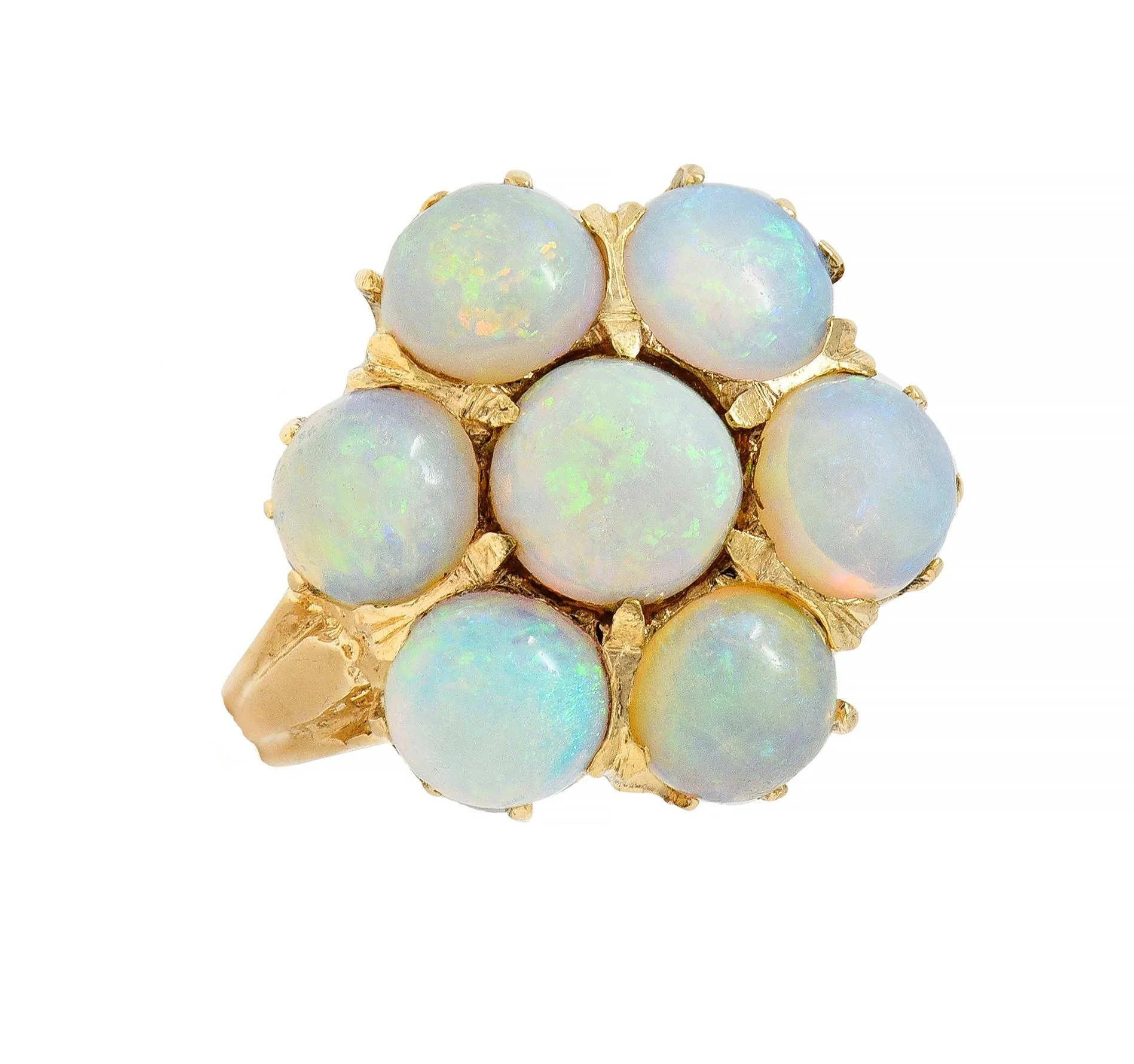 Mid-Century Opal Cabochon 14 Karat Yellow Gold Vintage Floral Cluster Ring - Image 11