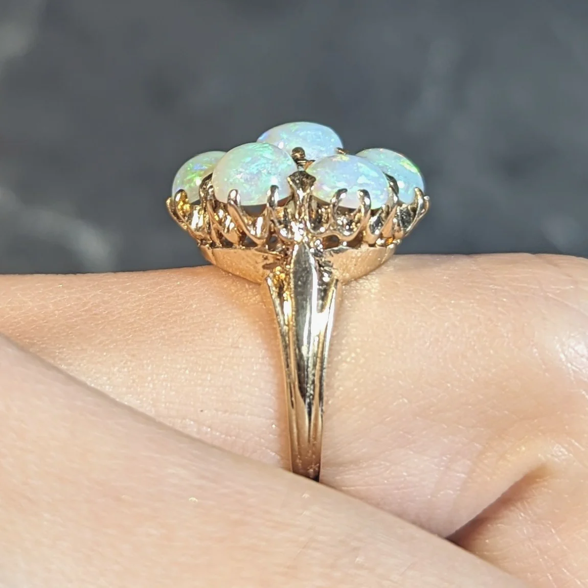 Mid-Century Opal Cabochon 14 Karat Yellow Gold Vintage Floral Cluster Ring - Image 14