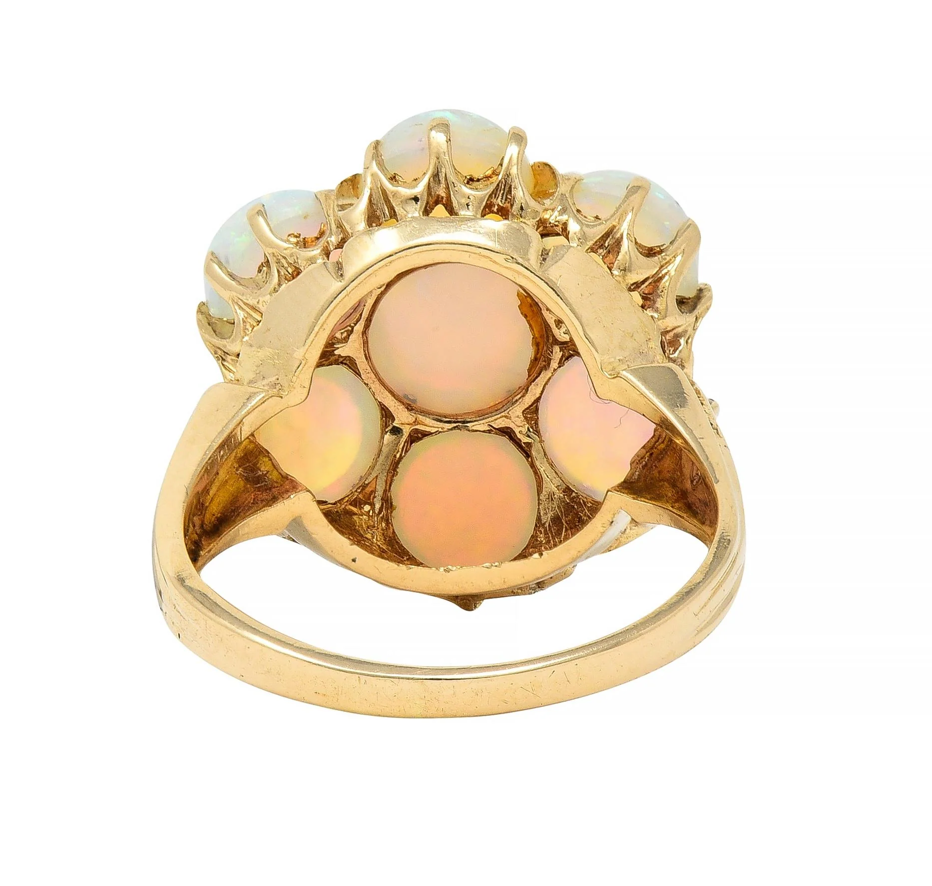Mid-Century Opal Cabochon 14 Karat Yellow Gold Vintage Floral Cluster Ring - Image 5