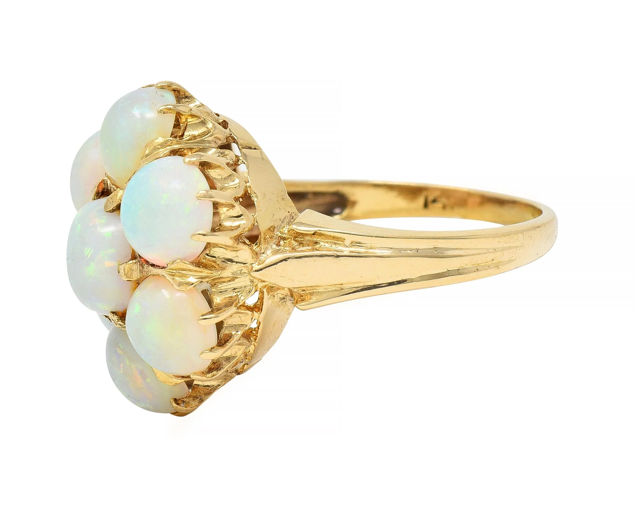Mid-Century Opal Cabochon 14 Karat Yellow Gold Vintage Floral Cluster Ring - Image 6
