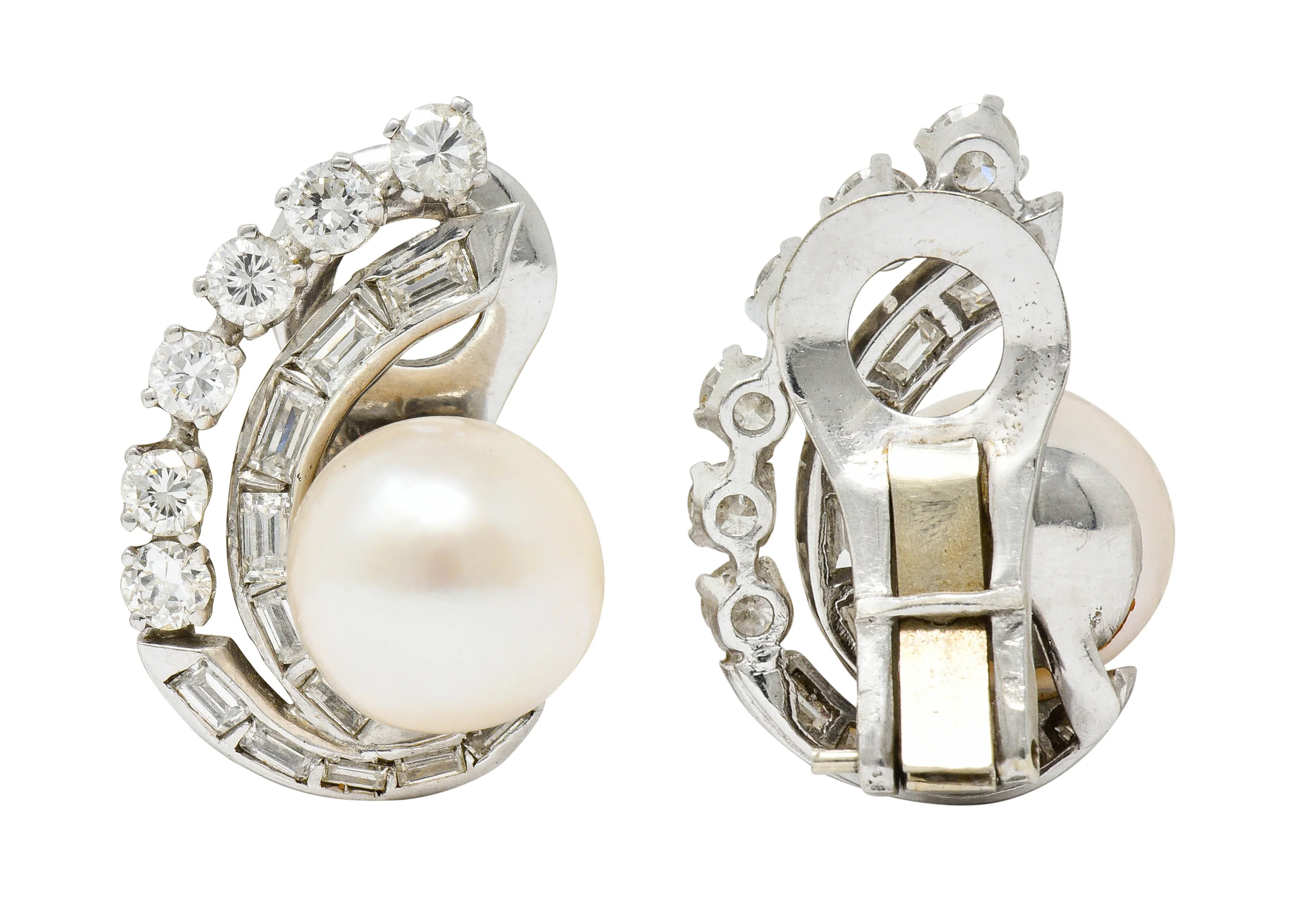 Mid Century Pearl 1.78 CTW Diamond Platinum Ear-Clip Earrings - Image 5