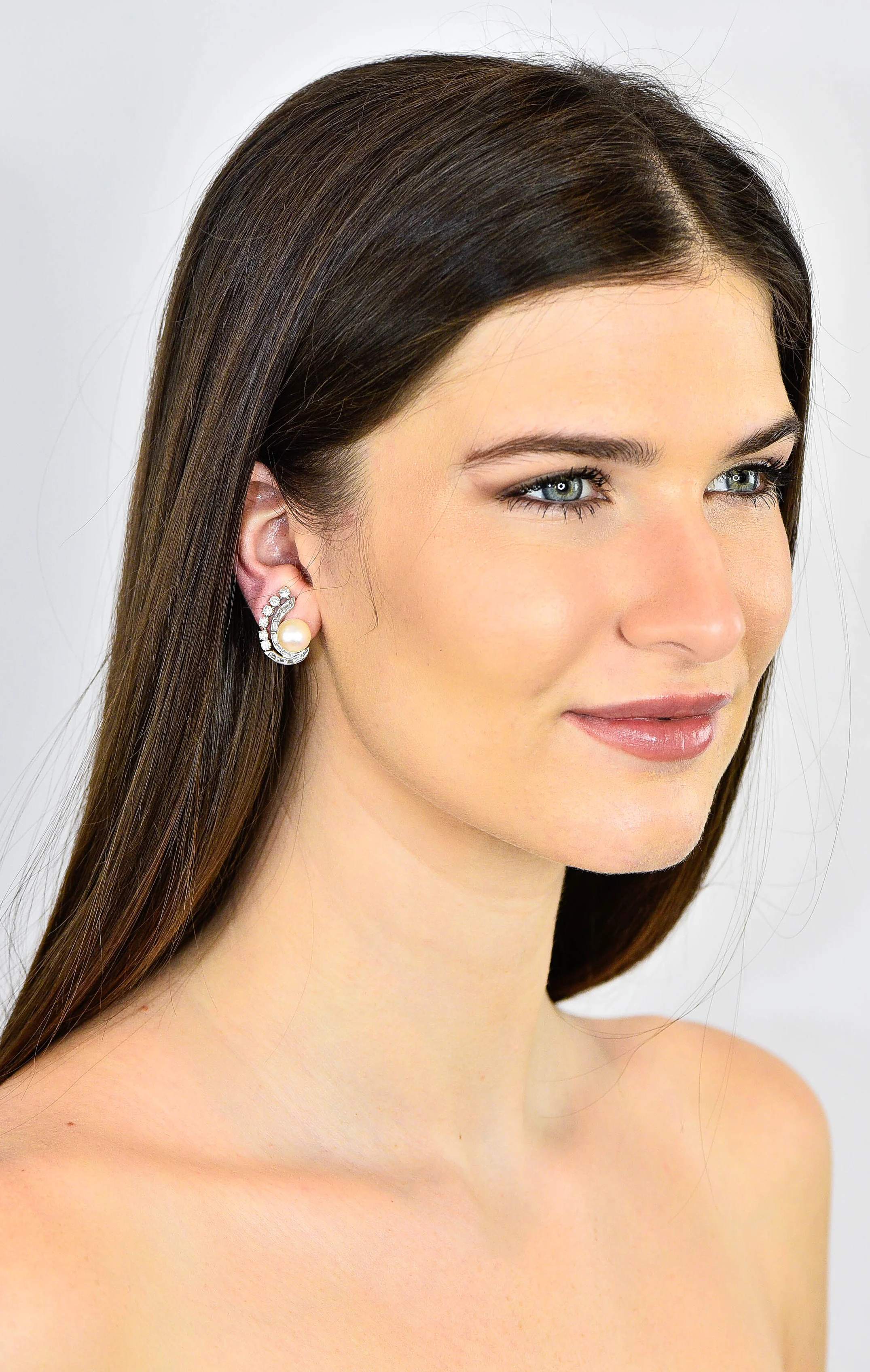 Mid Century Pearl 1.78 CTW Diamond Platinum Ear-Clip Earrings - Image 8