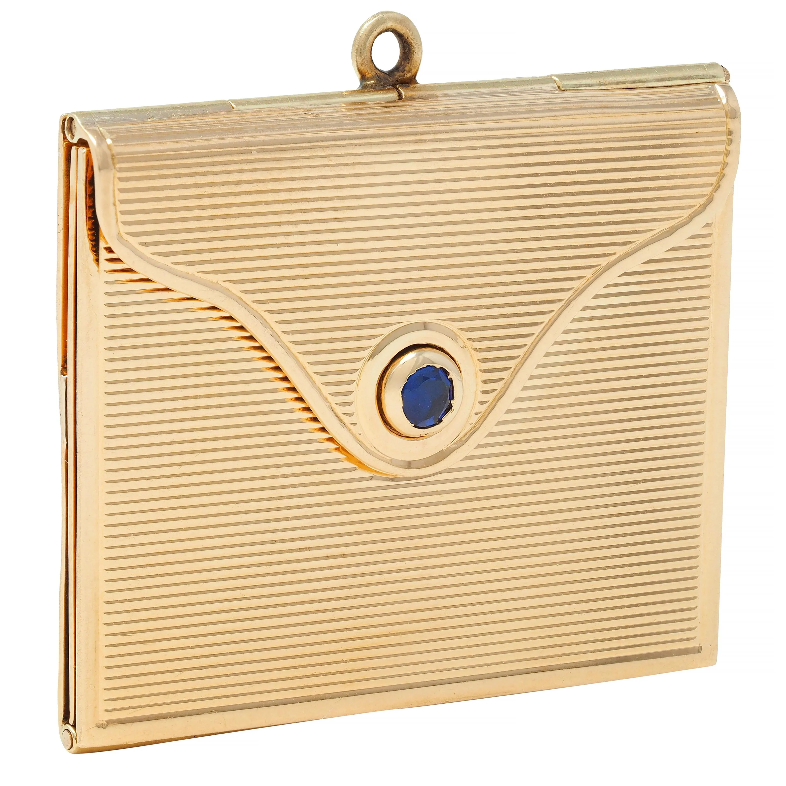 Mid-Century Sapphire 14 Karat Yellow Gold Vintage Opening Envelope Pendant - Image 3