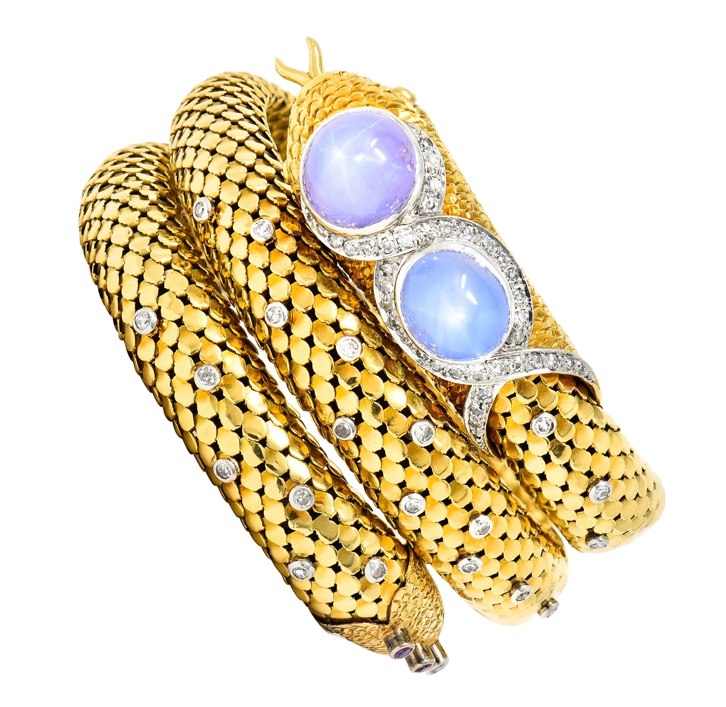Mid-Century Star Sapphire Ruby Diamond Platinum 14 Karat Yellow Gold Snake Vintage Wrap Bracelet - Image 2