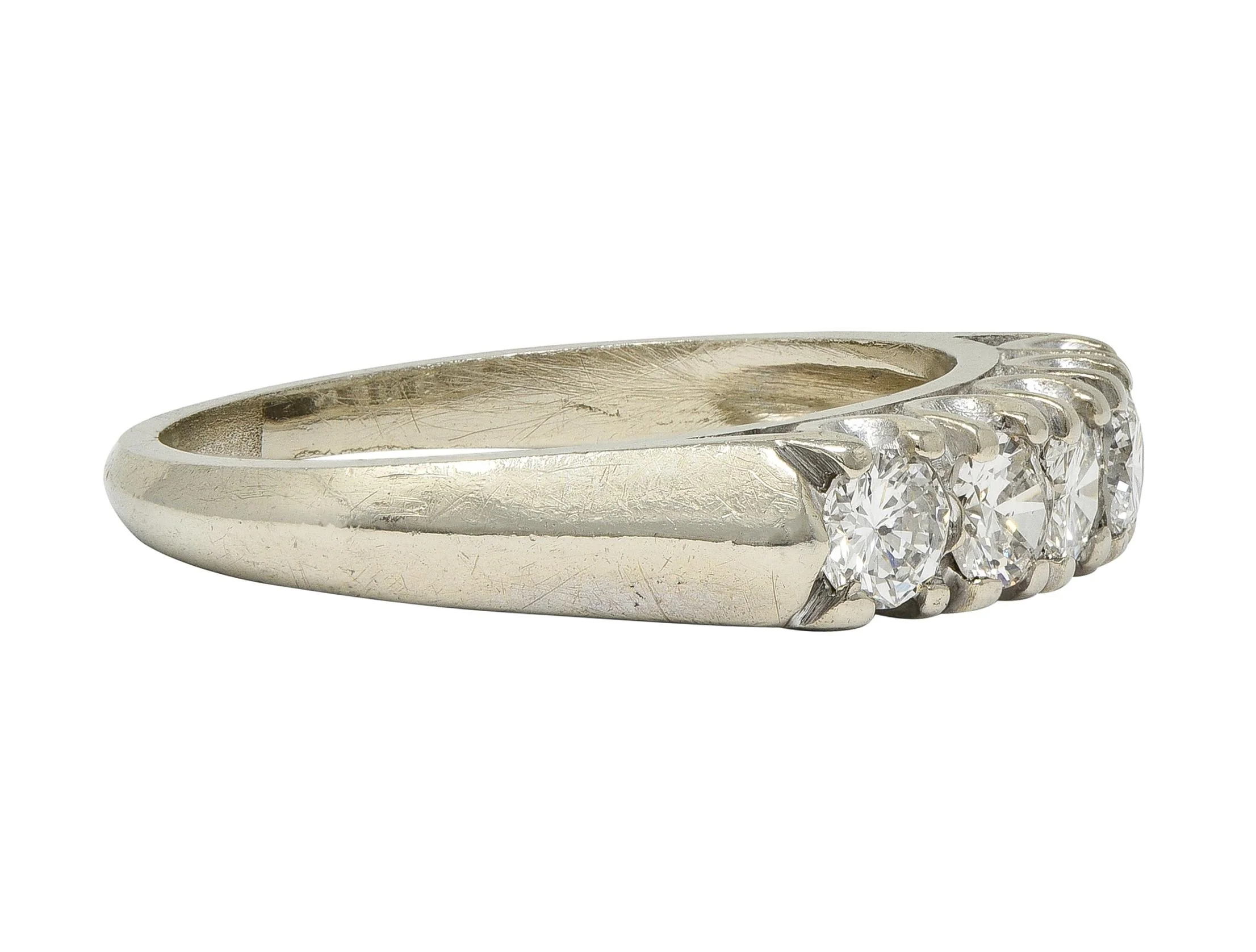 Mid-Century Transitional Cut Diamond 14 Karat White Gold Vintage Fishtail Wedding Band Ring - Image 2