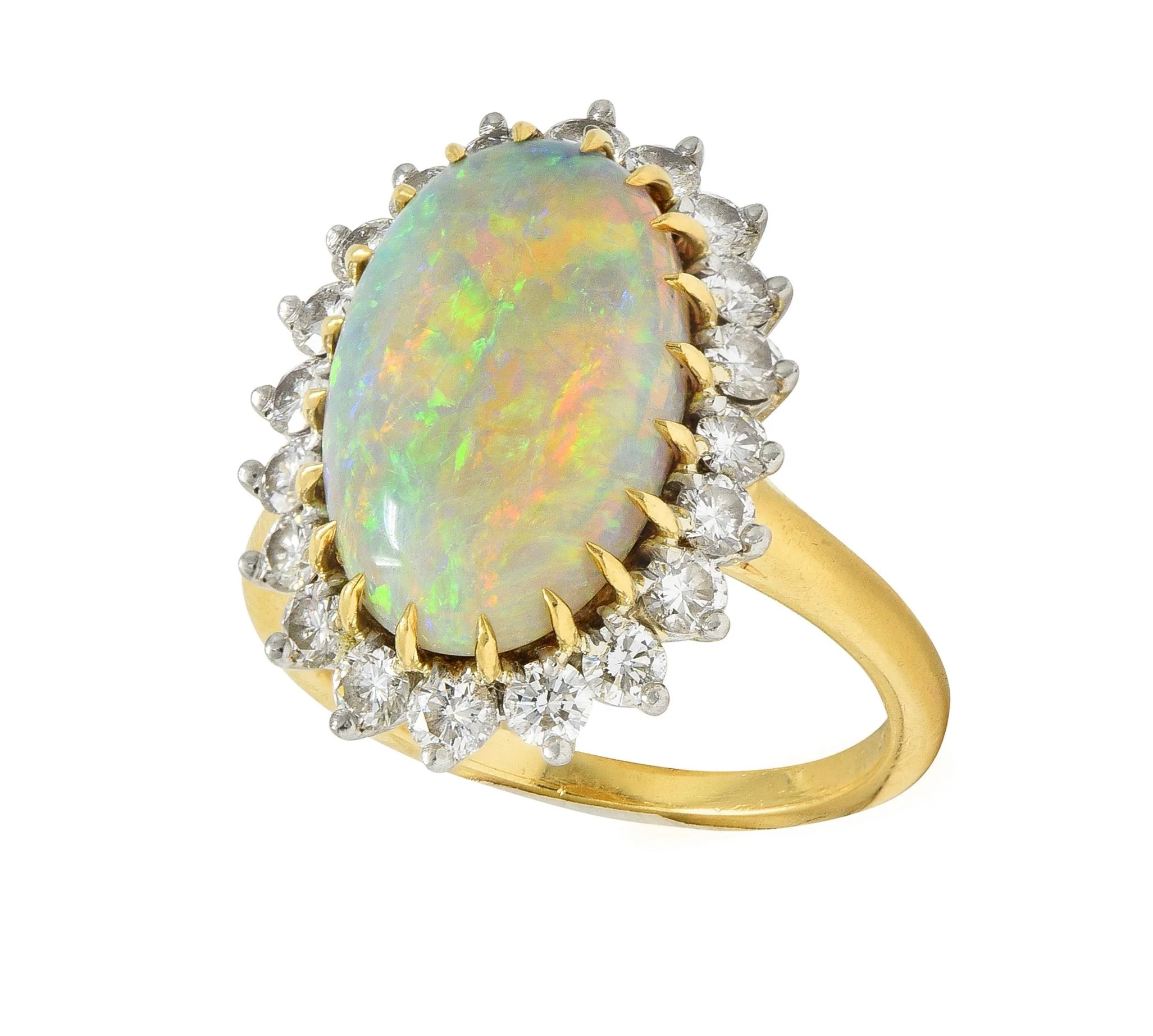 Mid-Century Vintage Opal Diamond Platinum 18 Karat Yellow Gold Halo Ring - Image 10