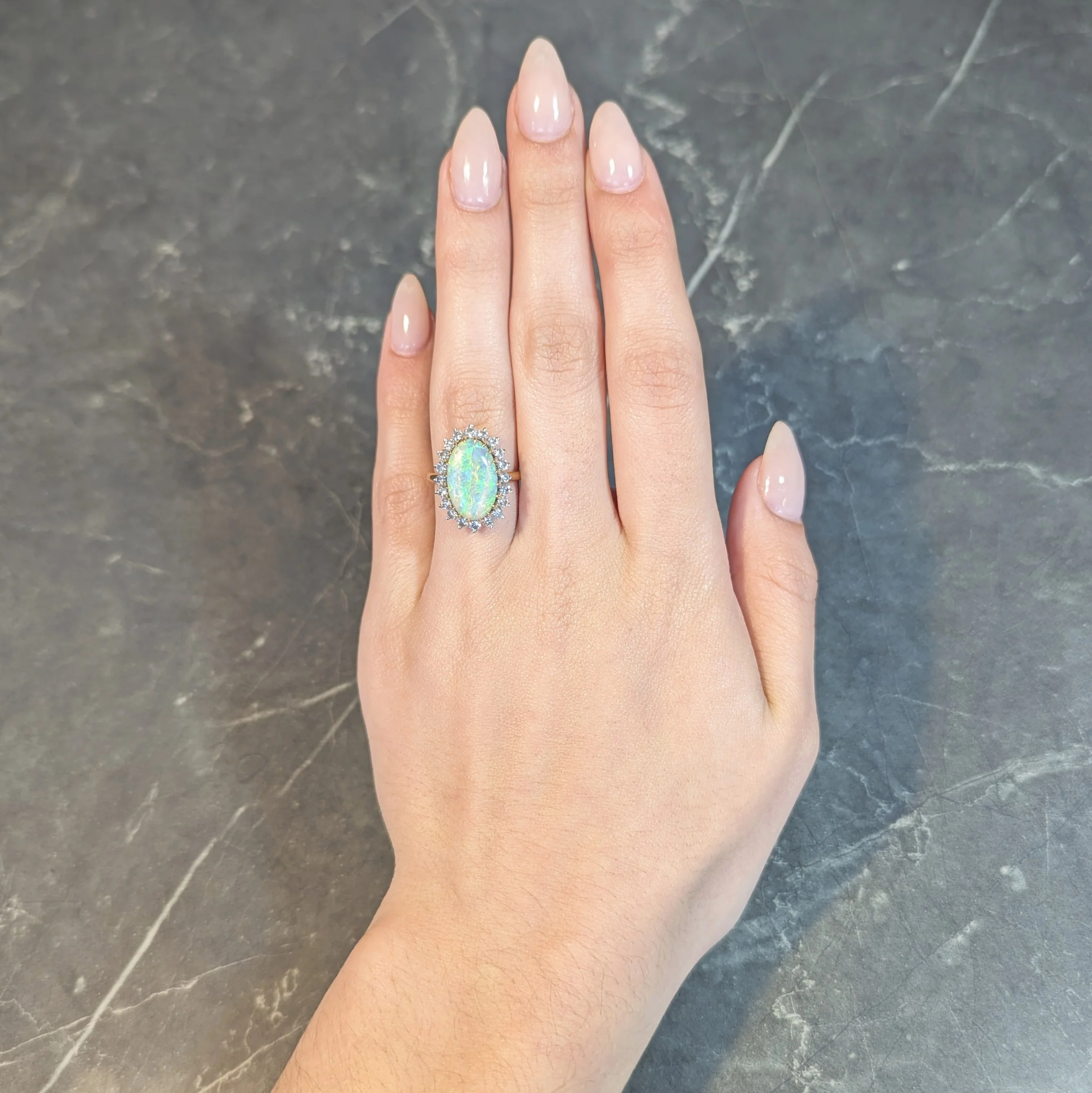 Mid-Century Vintage Opal Diamond Platinum 18 Karat Yellow Gold Halo Ring - Image 14