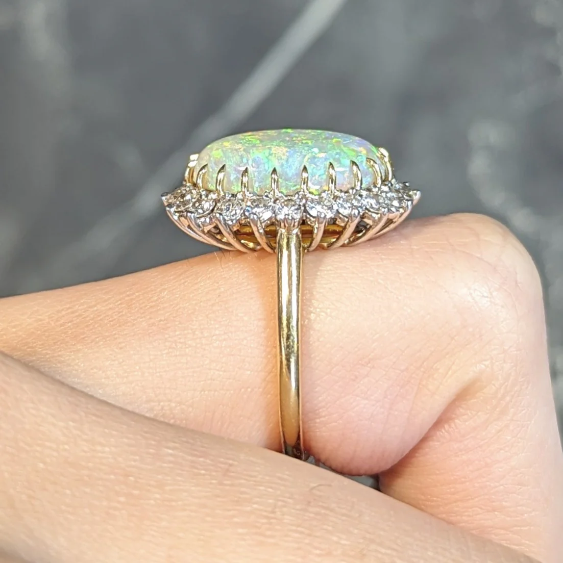 Mid-Century Vintage Opal Diamond Platinum 18 Karat Yellow Gold Halo Ring - Image 16