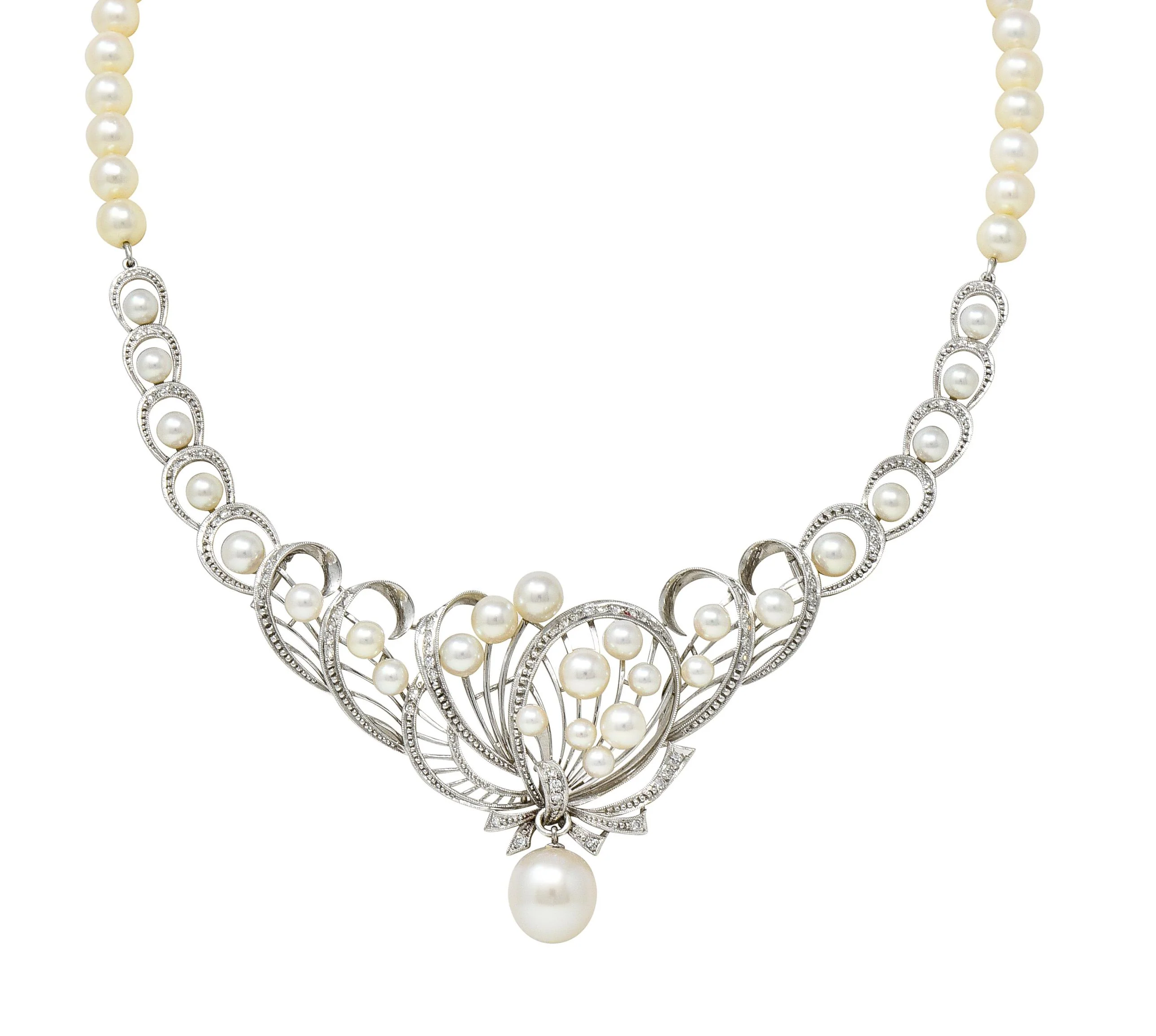 Mikimoto 1950's Diamond Pearl 14 Karat White Gold Fanning Ribbon Vintage Station Necklace - Image 10
