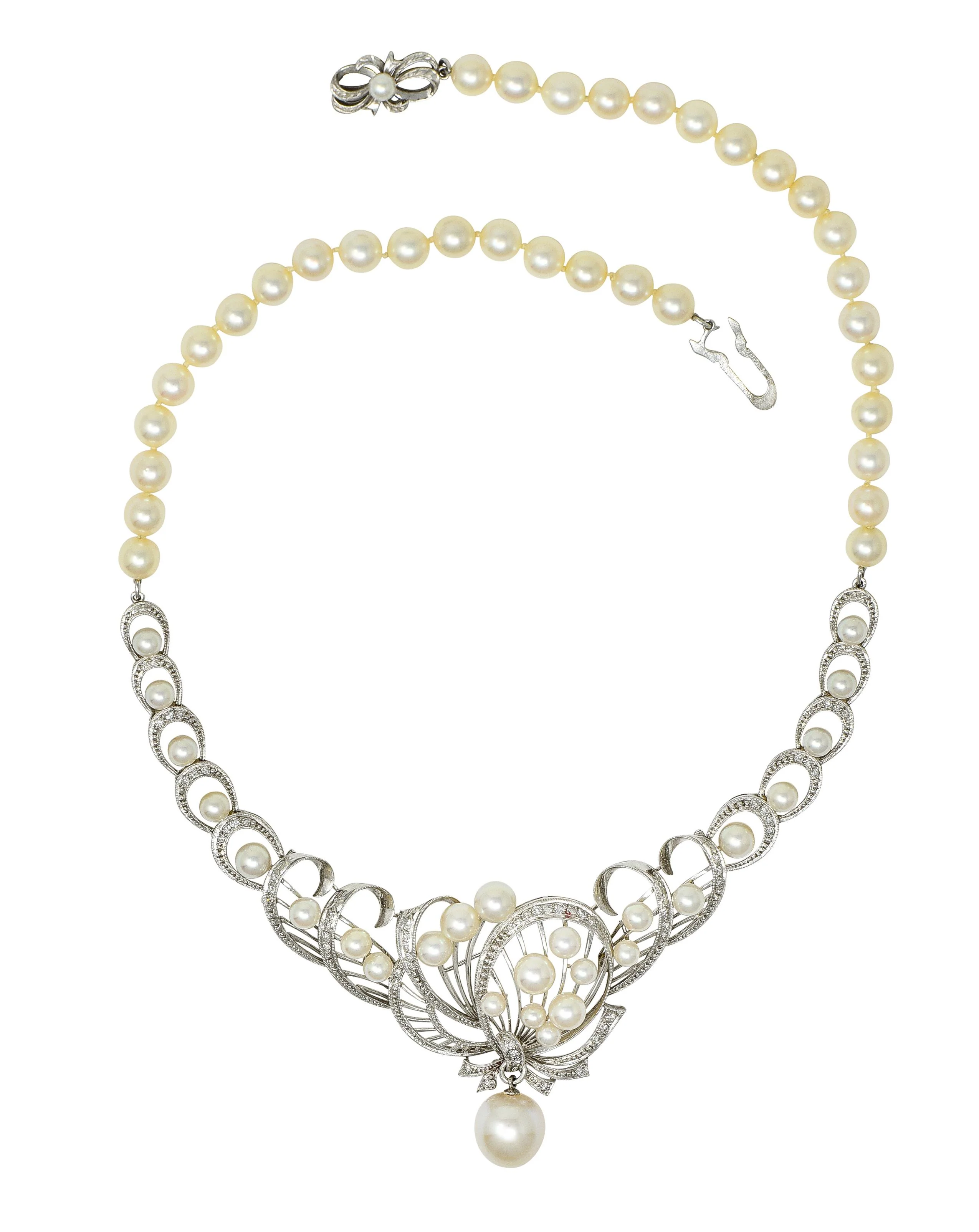 Mikimoto 1950's Diamond Pearl 14 Karat White Gold Fanning Ribbon Vintage Station Necklace - Image 11