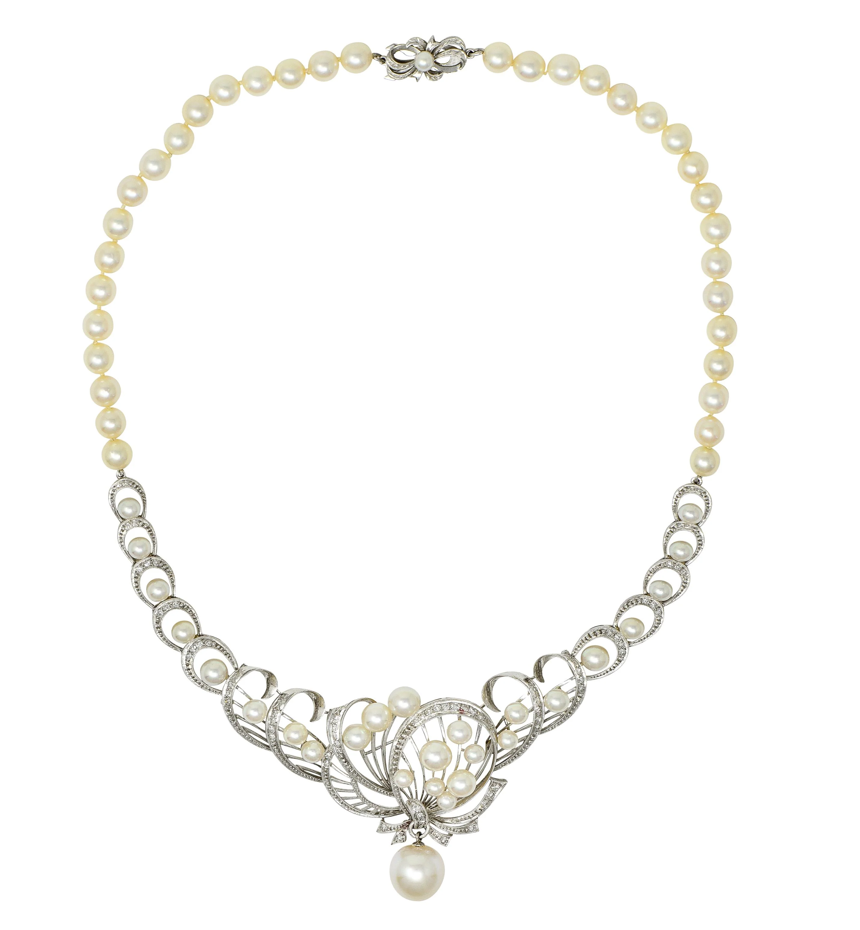 Mikimoto 1950's Diamond Pearl 14 Karat White Gold Fanning Ribbon Vintage Station Necklace - Image 12
