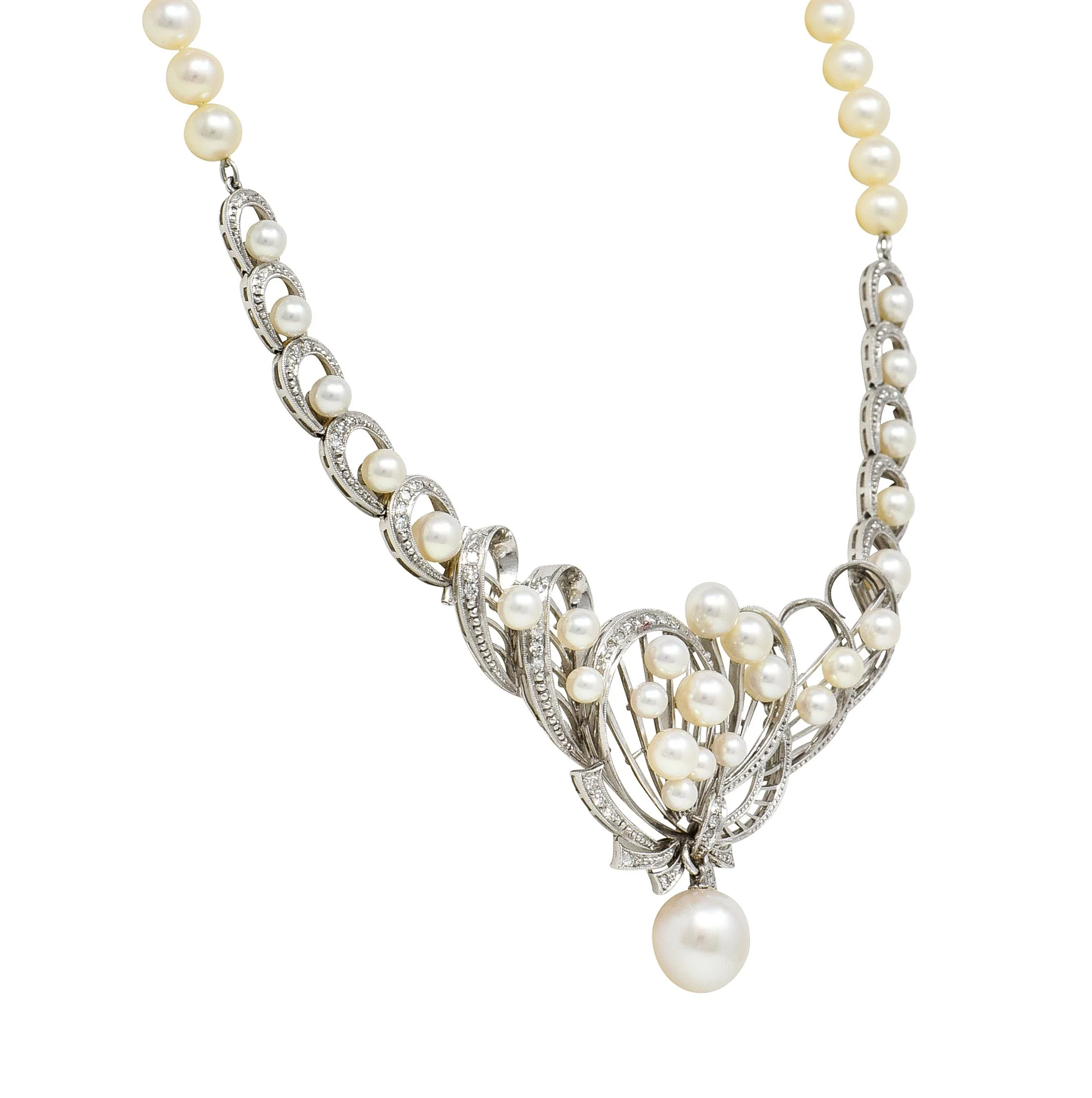 Mikimoto 1950's Diamond Pearl 14 Karat White Gold Fanning Ribbon Vintage Station Necklace - Image 2
