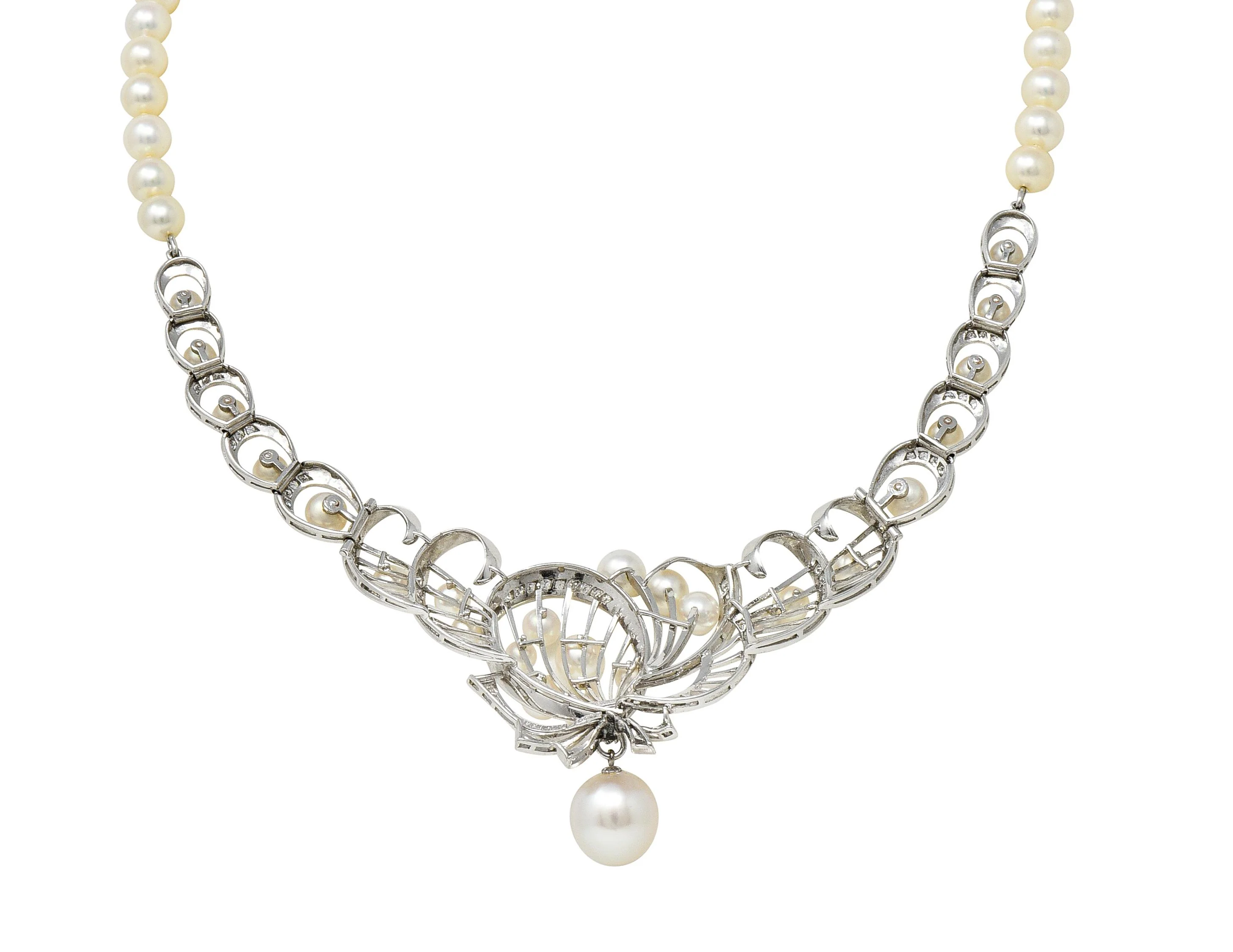 Mikimoto 1950's Diamond Pearl 14 Karat White Gold Fanning Ribbon Vintage Station Necklace - Image 3