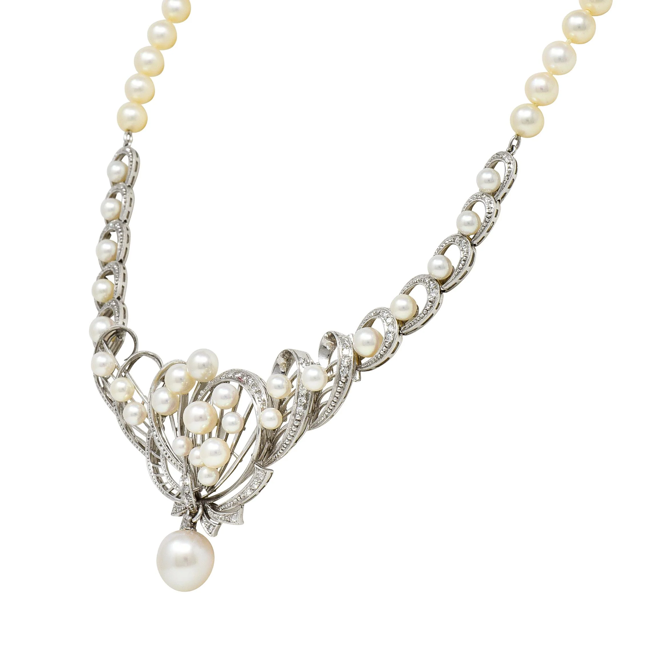 Mikimoto 1950's Diamond Pearl 14 Karat White Gold Fanning Ribbon Vintage Station Necklace - Image 4