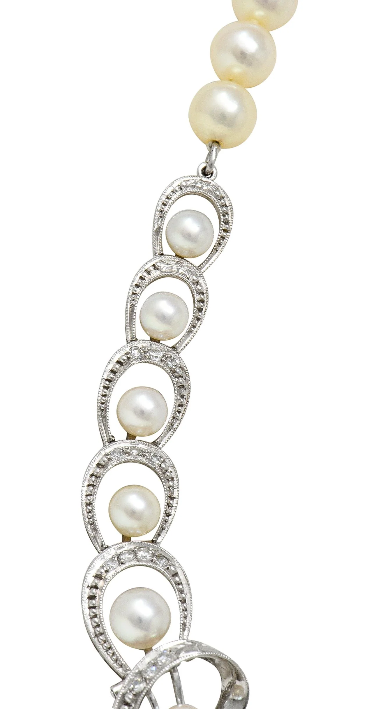 Mikimoto 1950's Diamond Pearl 14 Karat White Gold Fanning Ribbon Vintage Station Necklace - Image 5
