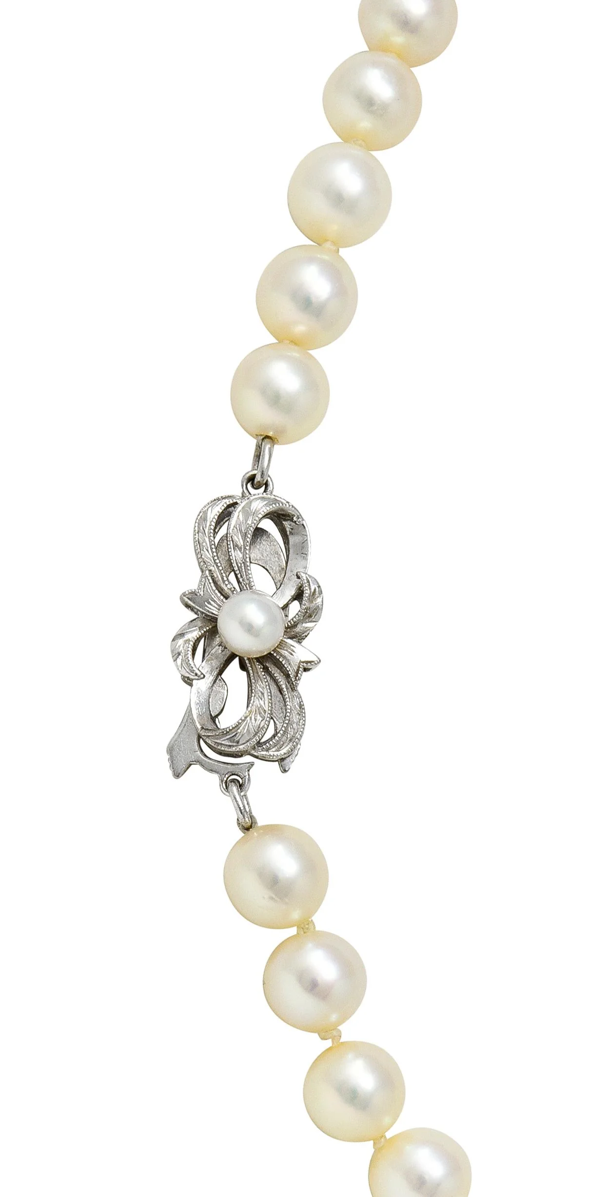 Mikimoto 1950's Diamond Pearl 14 Karat White Gold Fanning Ribbon Vintage Station Necklace - Image 6