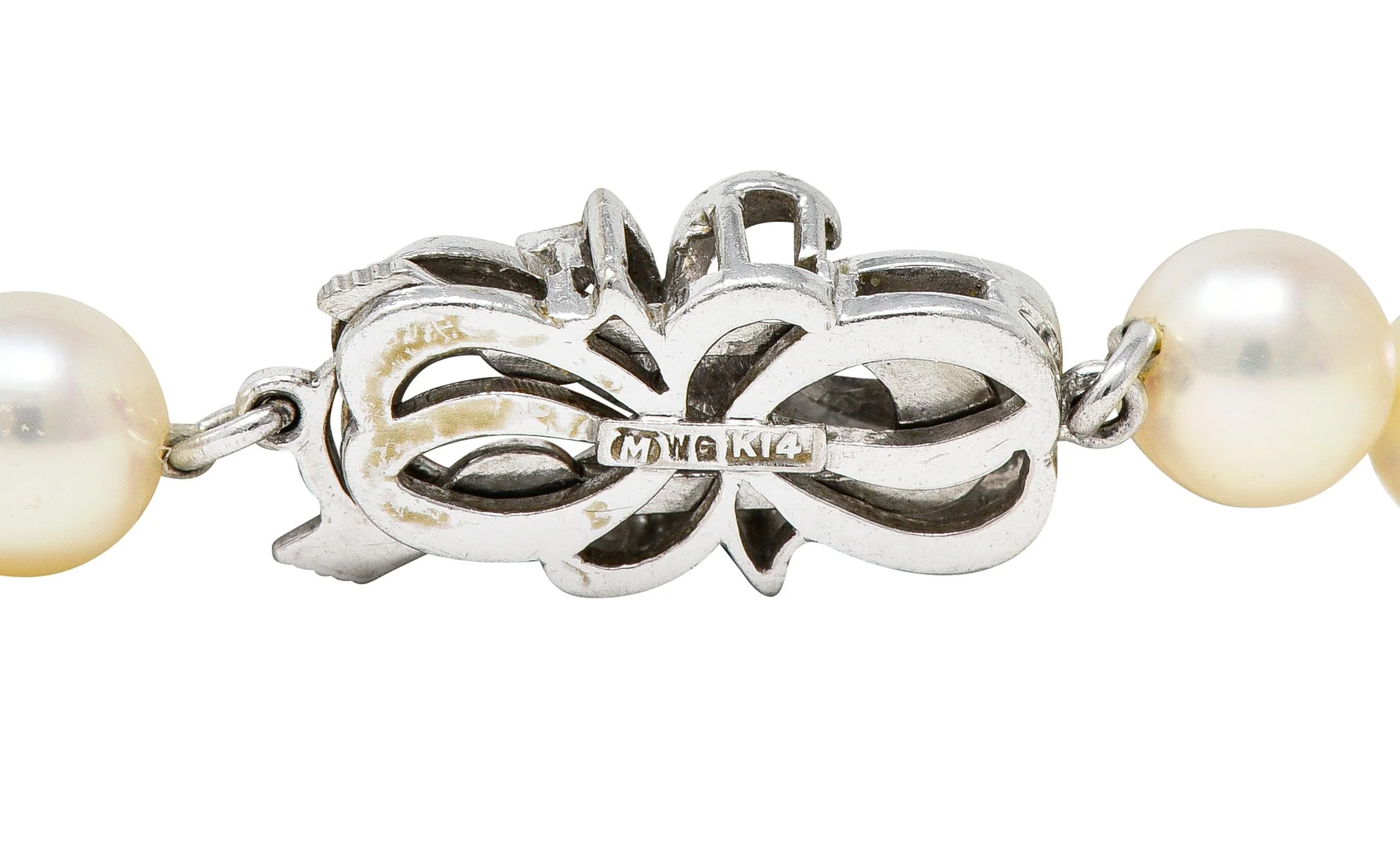 Mikimoto 1950's Diamond Pearl 14 Karat White Gold Fanning Ribbon Vintage Station Necklace - Image 8