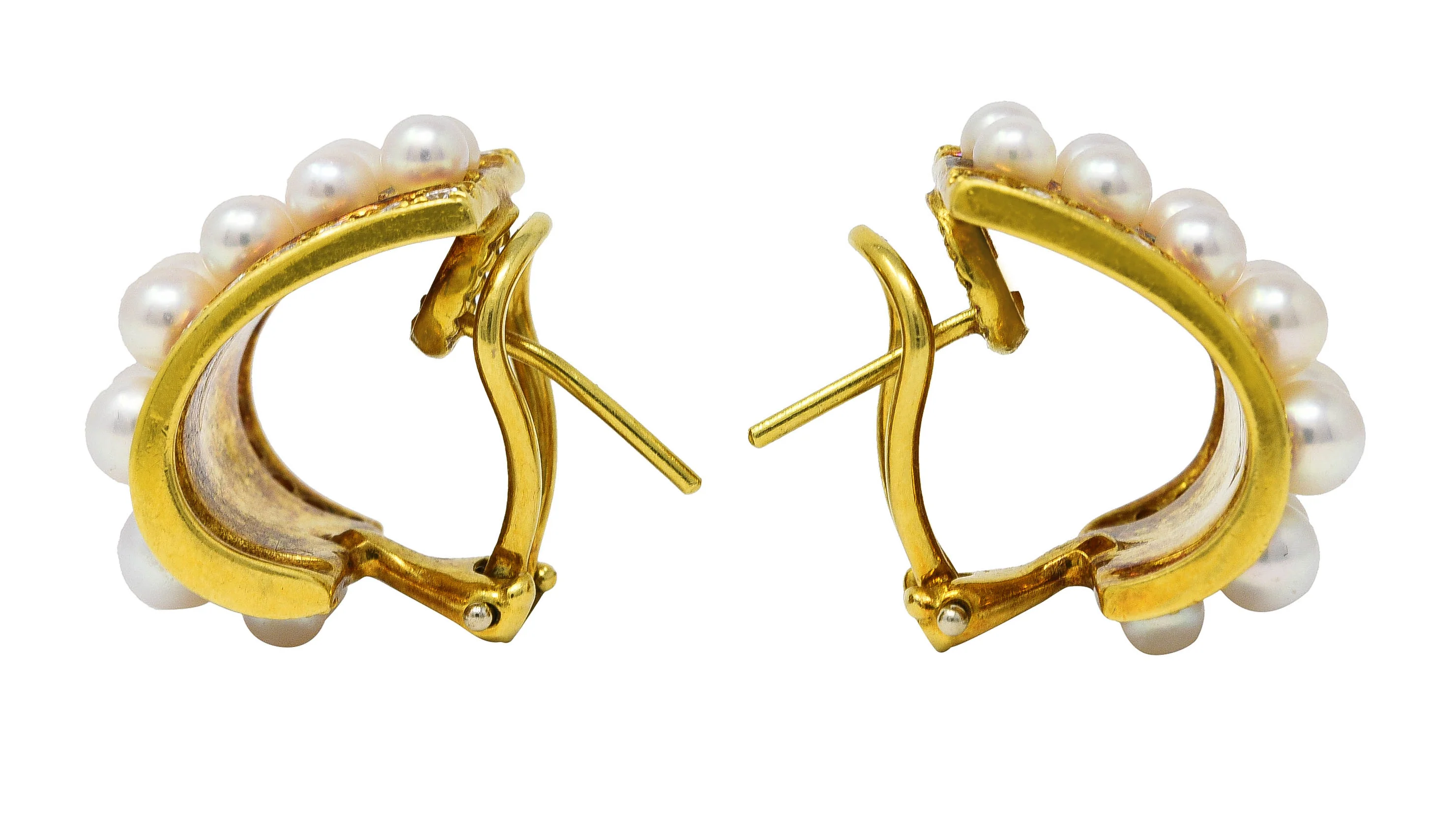 Mikimoto 1960's 1.56 CTW Diamond Rose Pearl 18 Karat Yellow Gold Vintage J-Hoop Earrings - Image 2
