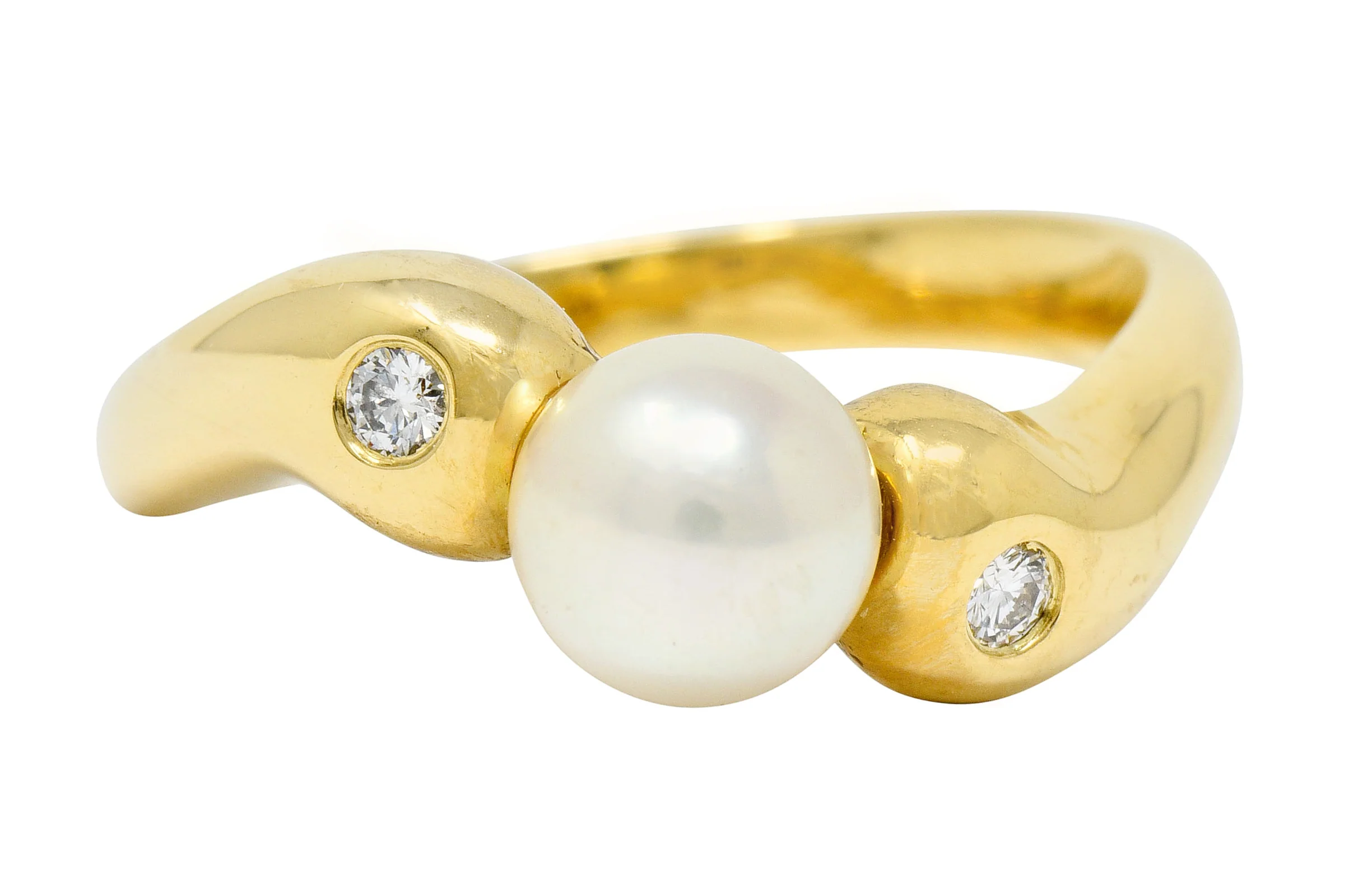 Mikimoto Diamond Cultured Pearl 18 Karat Gold Three Stone Ring