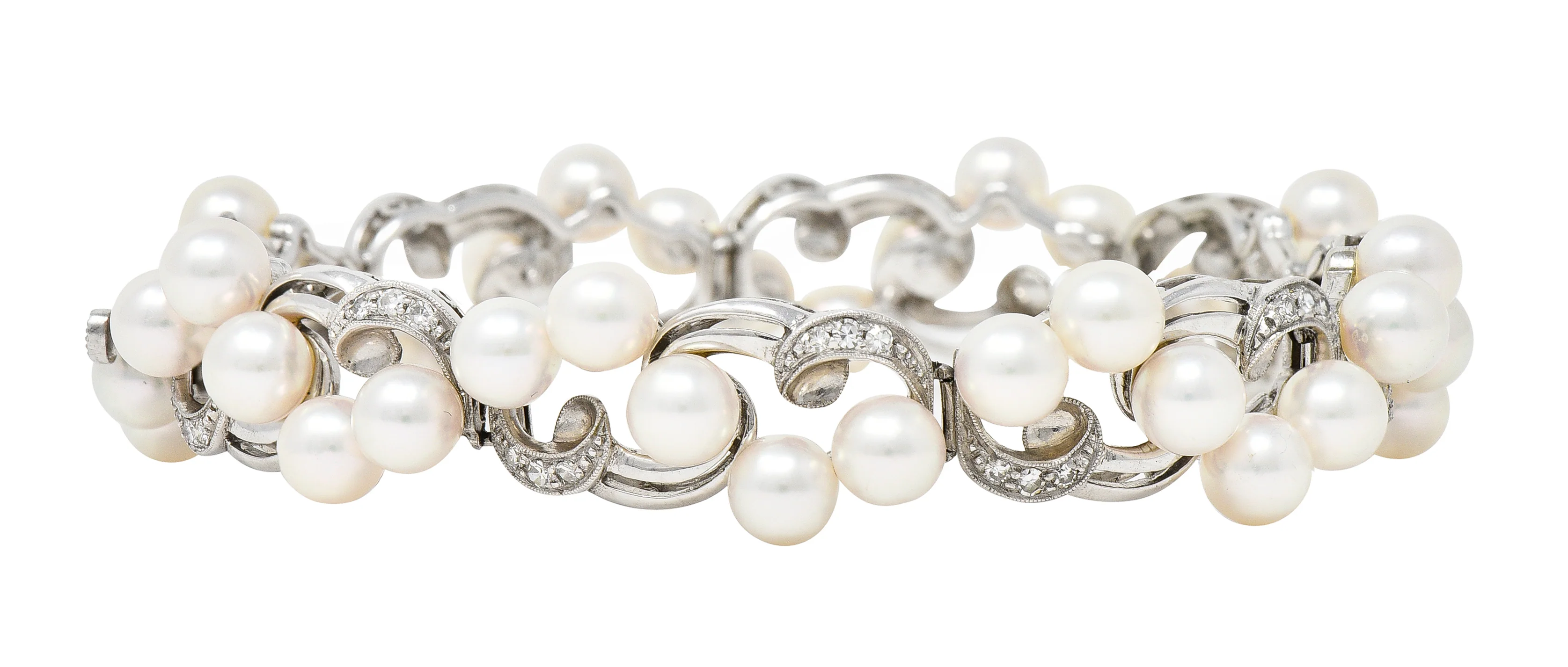 Mikimoto Mid-Century Diamond Cultured Pearl 14 Karat White Gold Scrolling Ribbon Vintage Bracelet - Image 10