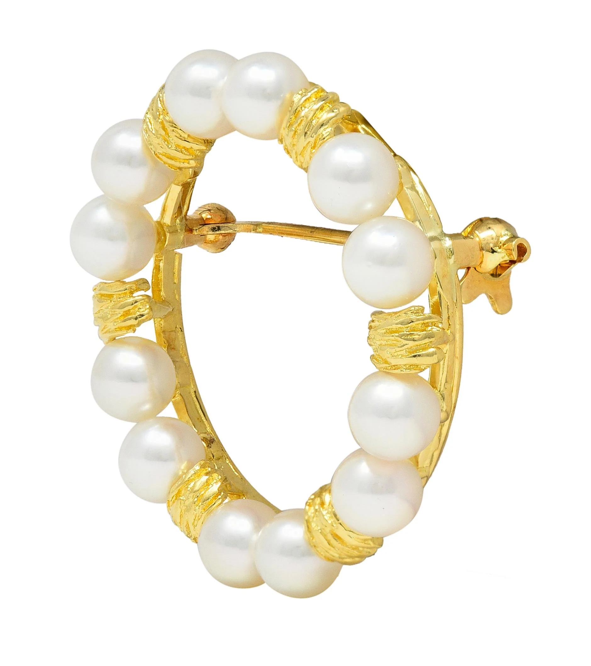 Mikimoto Pearl 14 Karat Yellow Gold Vintage Circle Wreath Brooch - Image 2